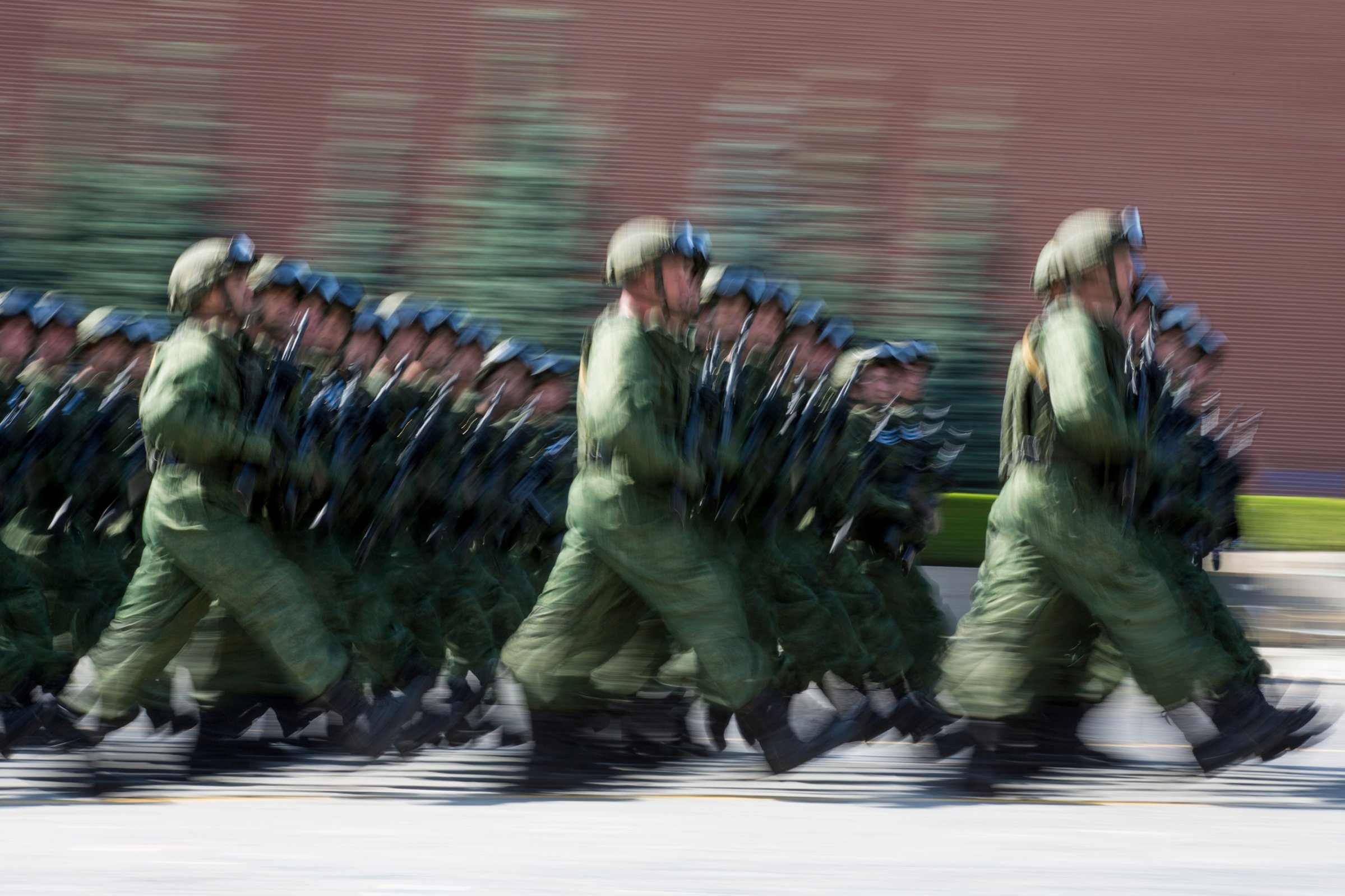 Russian paratroopers march during the celebrations of Paratroopers Day in the Red Square in Moscow, Russia.