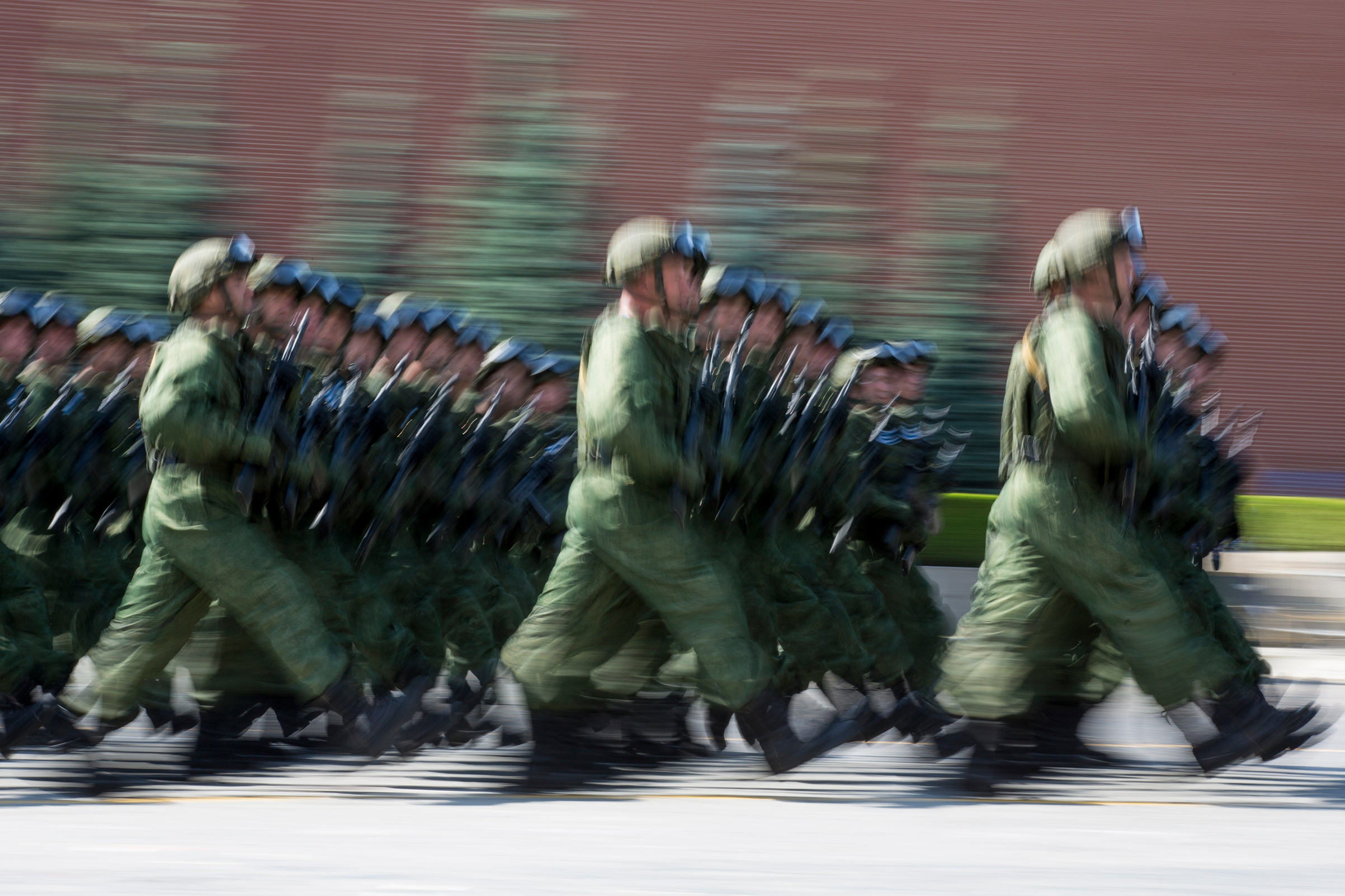 Russian paratroopers march during  the celebrations of Paratroopers Day in the Red Square in Moscow, Russia. (Alexander Zemlianichenko—AP)