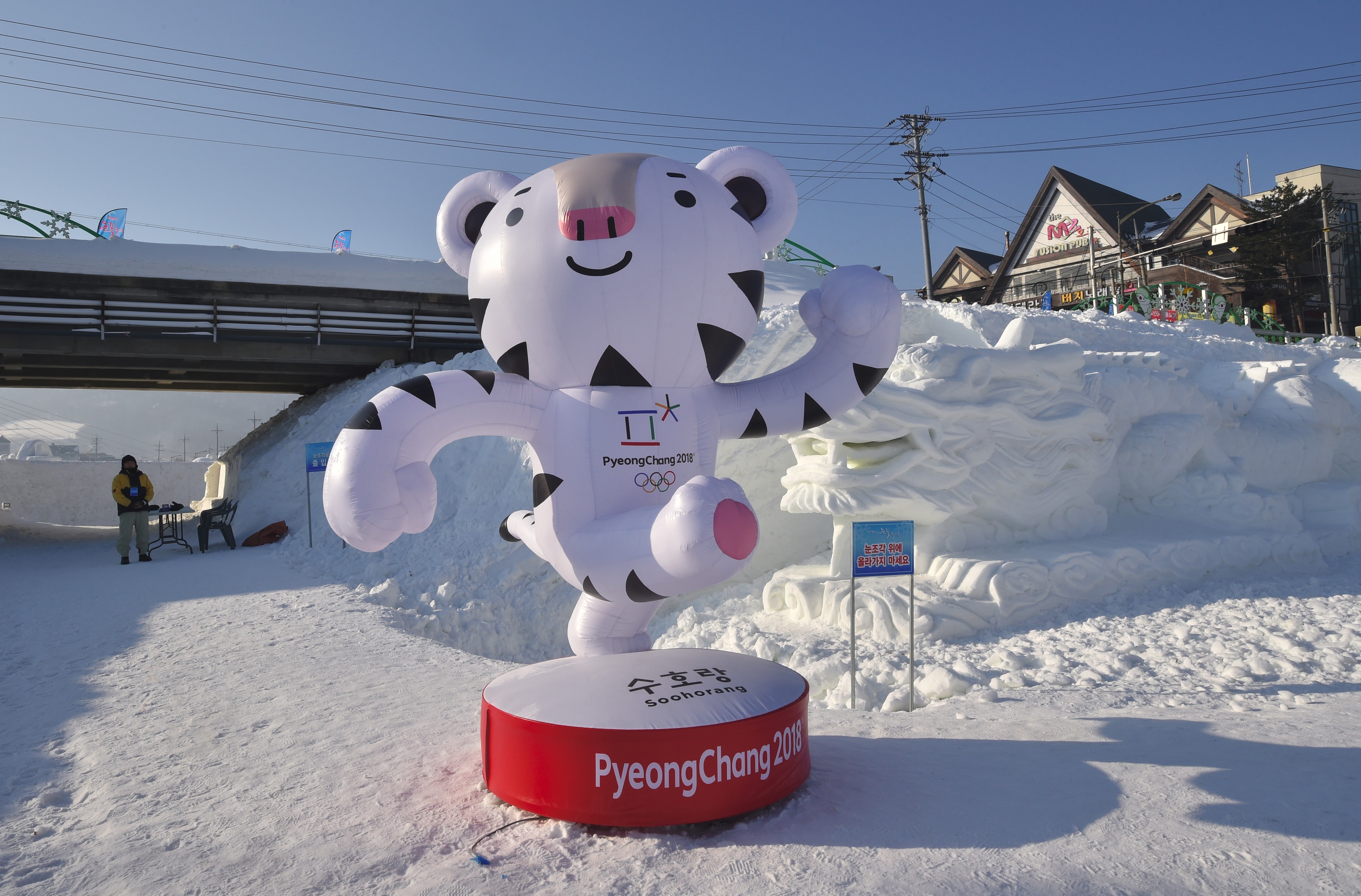 This photo taken February 4, 2017 shows the mascot for the 2018 Pyeongchang Winter Olympic Games, a white tiger named "Soohorang", in the town of Hoenggye in Pyeongchang. (Jung Yeon-Je—AFP/Getty Images)