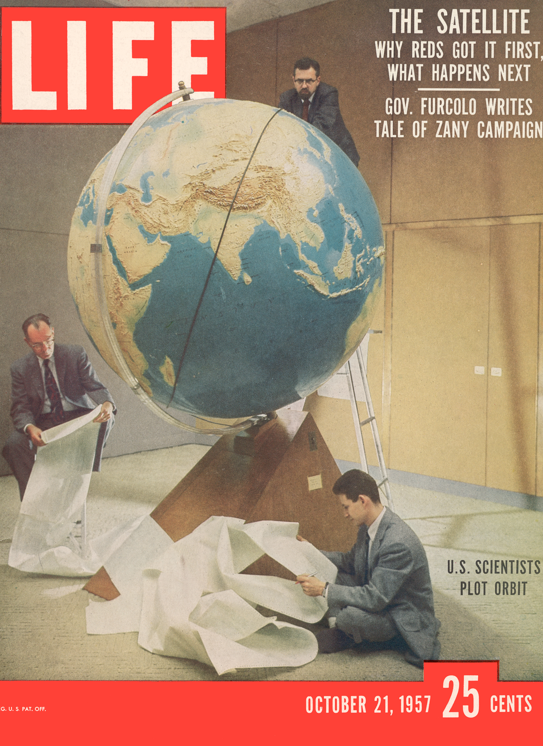 Oct. 21, 1957 cover of LIFE magazine featuring Smithsonian Observatory scientists working at M.I.T. in Cambridge to try to calculate Sputnik's orbit.