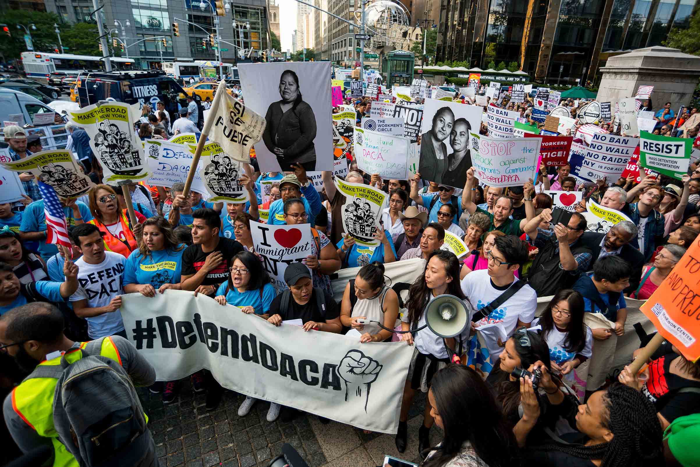 Activists rallied in Columbus Circle and marched from there to Trump Tower in protest of President Donald Trump's possible elimination of the Obama-era "Deferred Action for Childhood Arrivals" (DACA) which curtails deportation of an estimated 800,000 undocumented immigrants. (Albin Lohr-Jones—Pacific Press/LightRocket/Getty Images)
