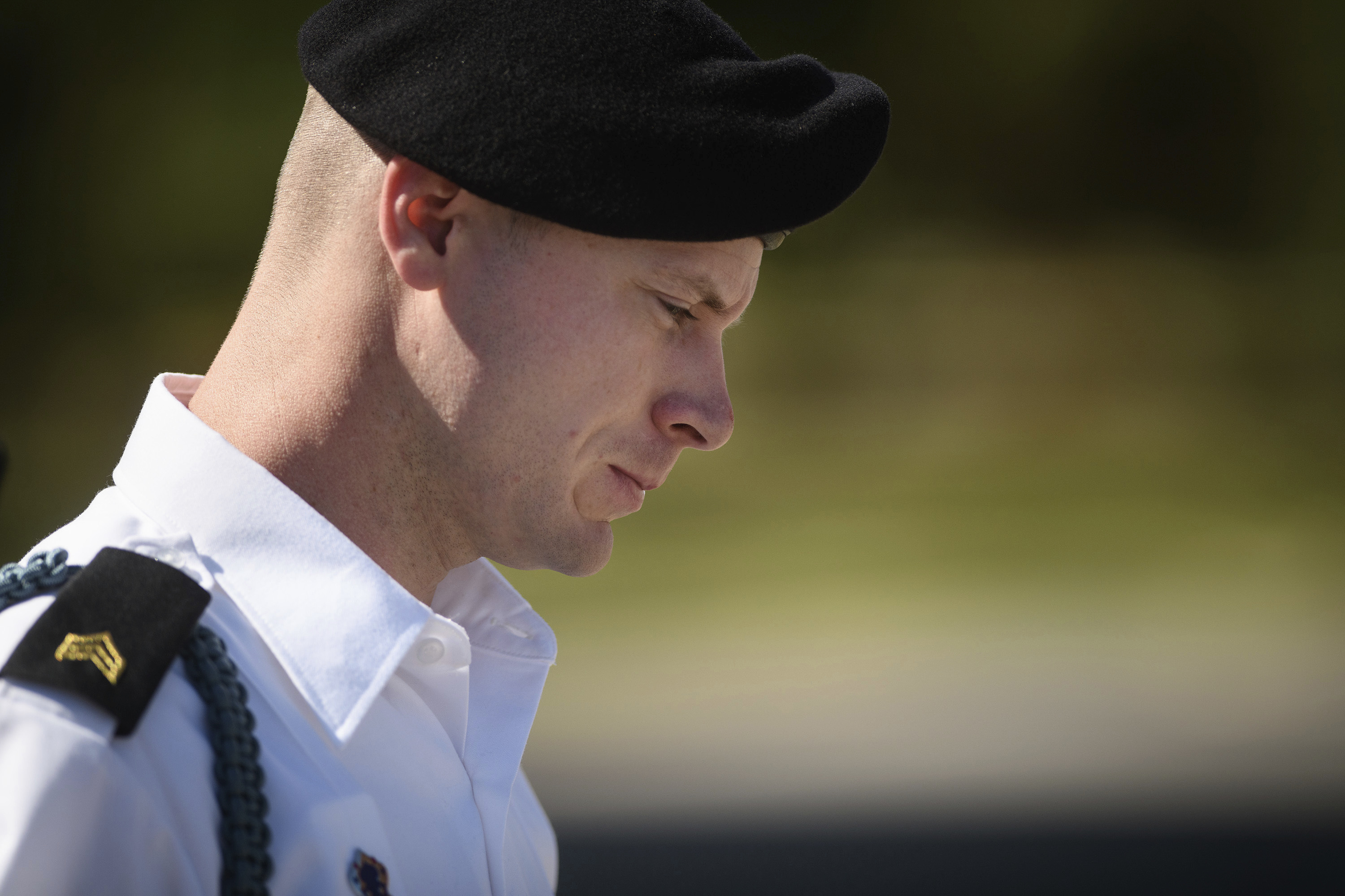 In this Sept. 27, 2017, file photo, Army Sgt. Bowe Bergdahl leaves a motions hearing during a lunch break in Fort Bragg, N.C. (Andrew Craft—AP)