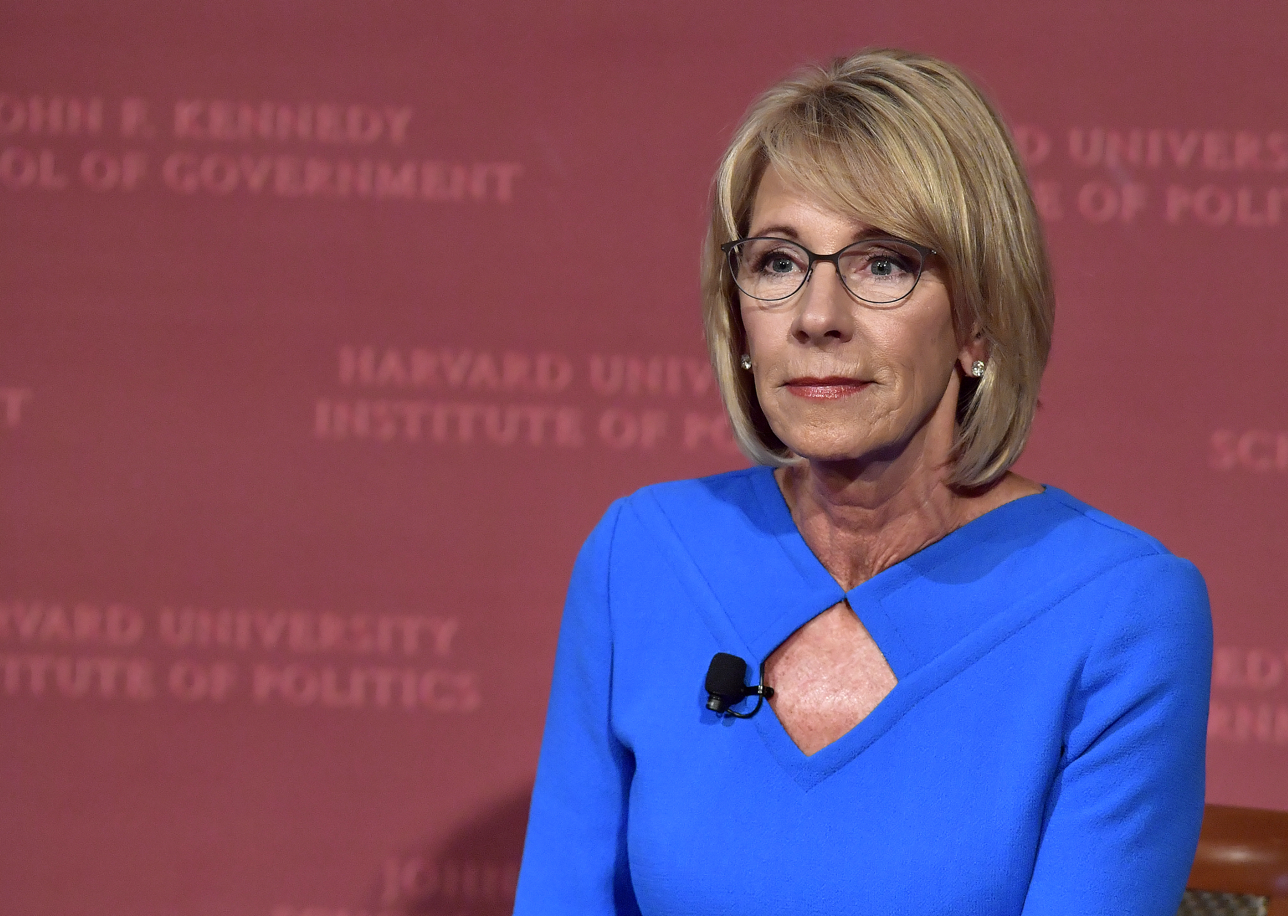 CAMBRIDGE, MA - SEPTEMBER 28:  Education Secretary Betsy DeVos listens during the Harvard University John F. Kennedy Jr. Forum on "A Conversation On Empowering Parents" moderated by Paul Peterson on September 28, 2017 in Cambridge, Massachusetts.  DeVos was met by protestors both outside the venue and inside during her remarks.  (Photo by Paul Marotta/Getty Images) (Paul Marotta&mdash;Getty Images)