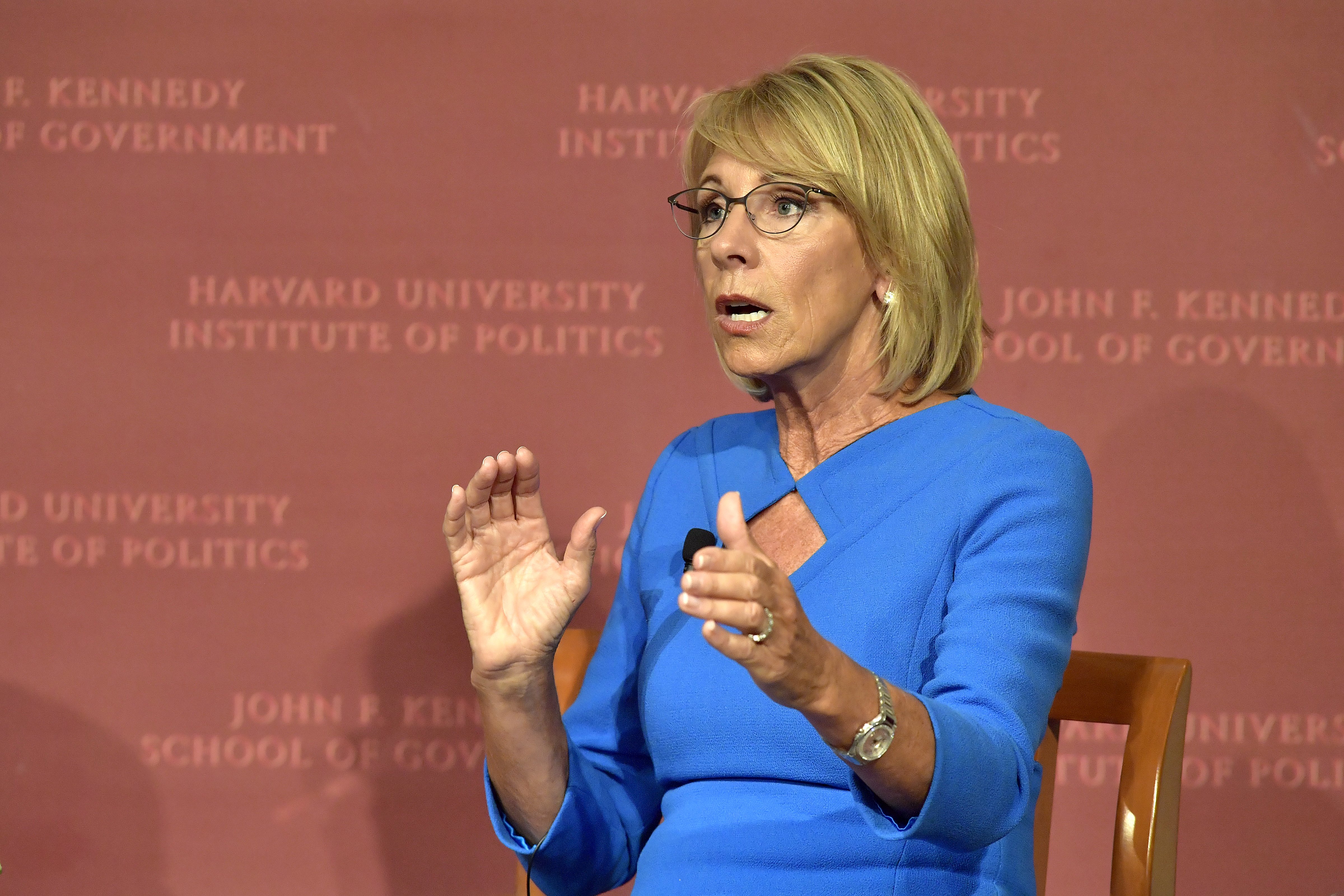 Education Secretary Betsy DeVos speaks at the Harvard University John F. Kennedy Jr. Forum on "A Conversation On Empowering Parents" moderated by Paul Peterson on Sept. 28, 2017 in Cambridge, Massachusetts. (Paul Marotta/Getty Images)