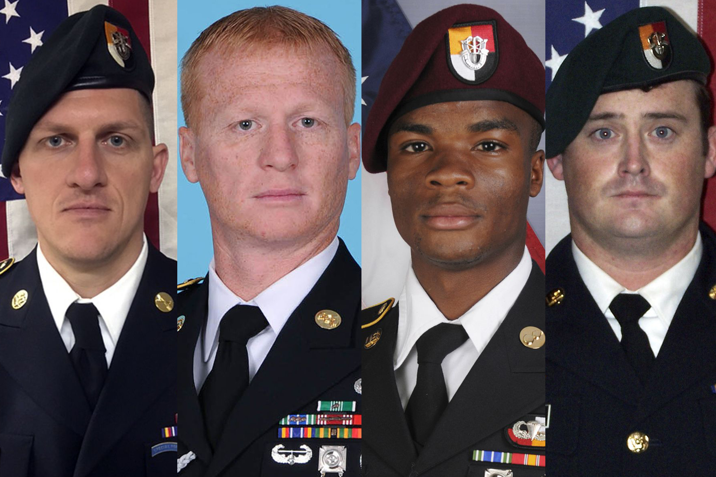 These images provided by the U.S. Army show, from left, Staff Sgt. Bryan C. Black, 35, of Puyallup, Wash.; Staff Sgt. Jeremiah W. Johnson, 39, of Springboro, Ohio; Sgt. La David Johnson of Miami Gardens, Fla.; and Staff Sgt. Dustin M. Wright, 29, of Lyons, Ga. All four were killed in Niger, when a joint patrol of American and Niger forces was ambushed by militants believed linked to the Islamic State group (AP/REX/Shutterstock)