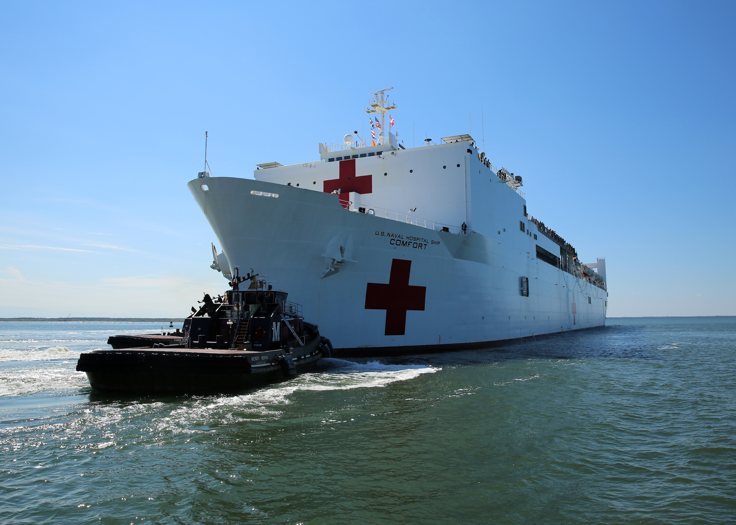 The Military Sealift Command hospital ship USNS Comfort departs Naval Station Norfolk to support hurricane relief efforts in Puerto Rico. (Bill Mesta/U.S. Navy&mdash;Getty Images)
