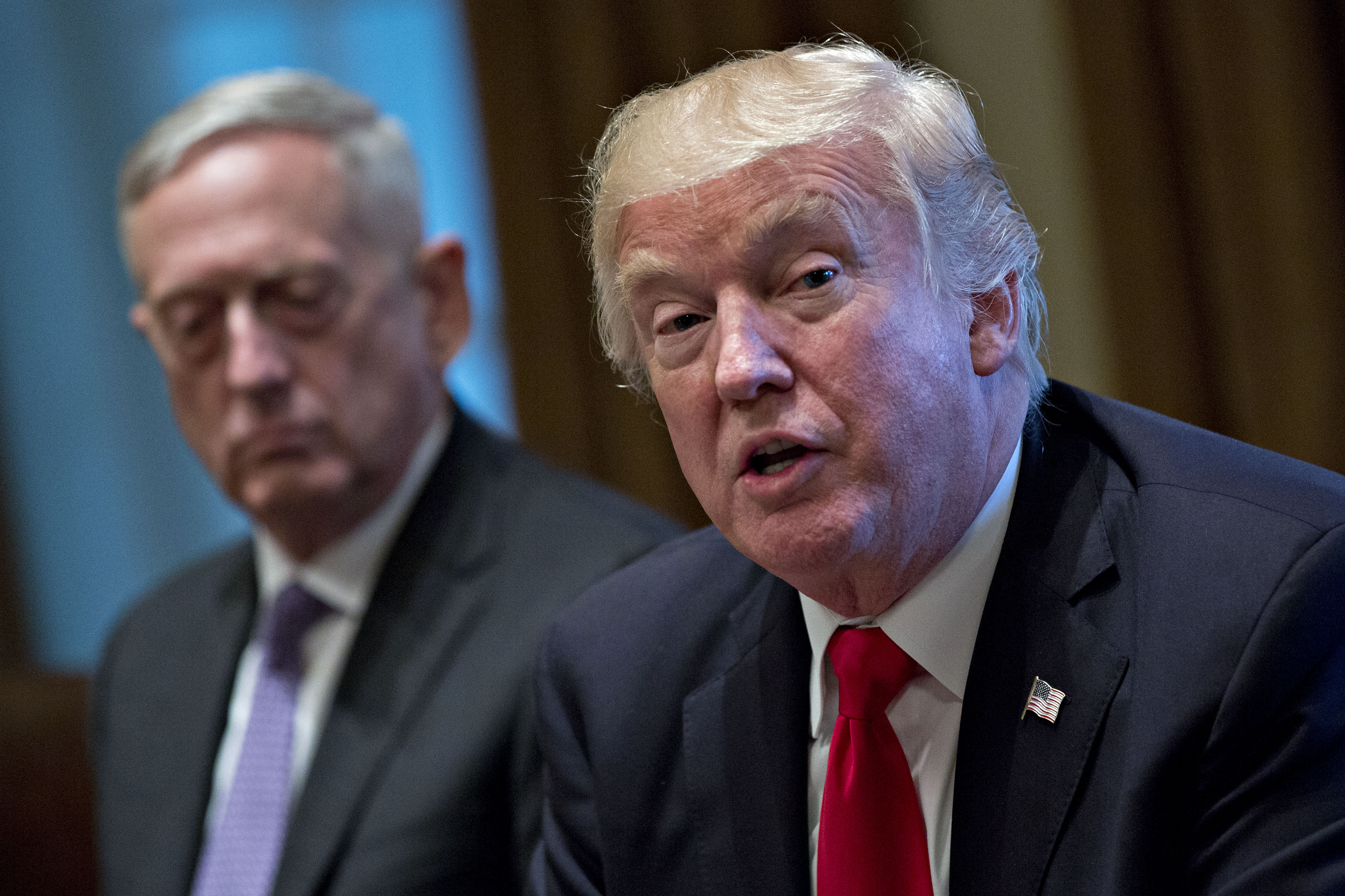 U.S. President Donald Trump speaks at a briefing with senior military leaders including Defense Secretary Jim Mattis (L) in the Cabinet Room of the White House October 5, 2017 in Washington, D.C. (Pool&mdash;Getty Images)