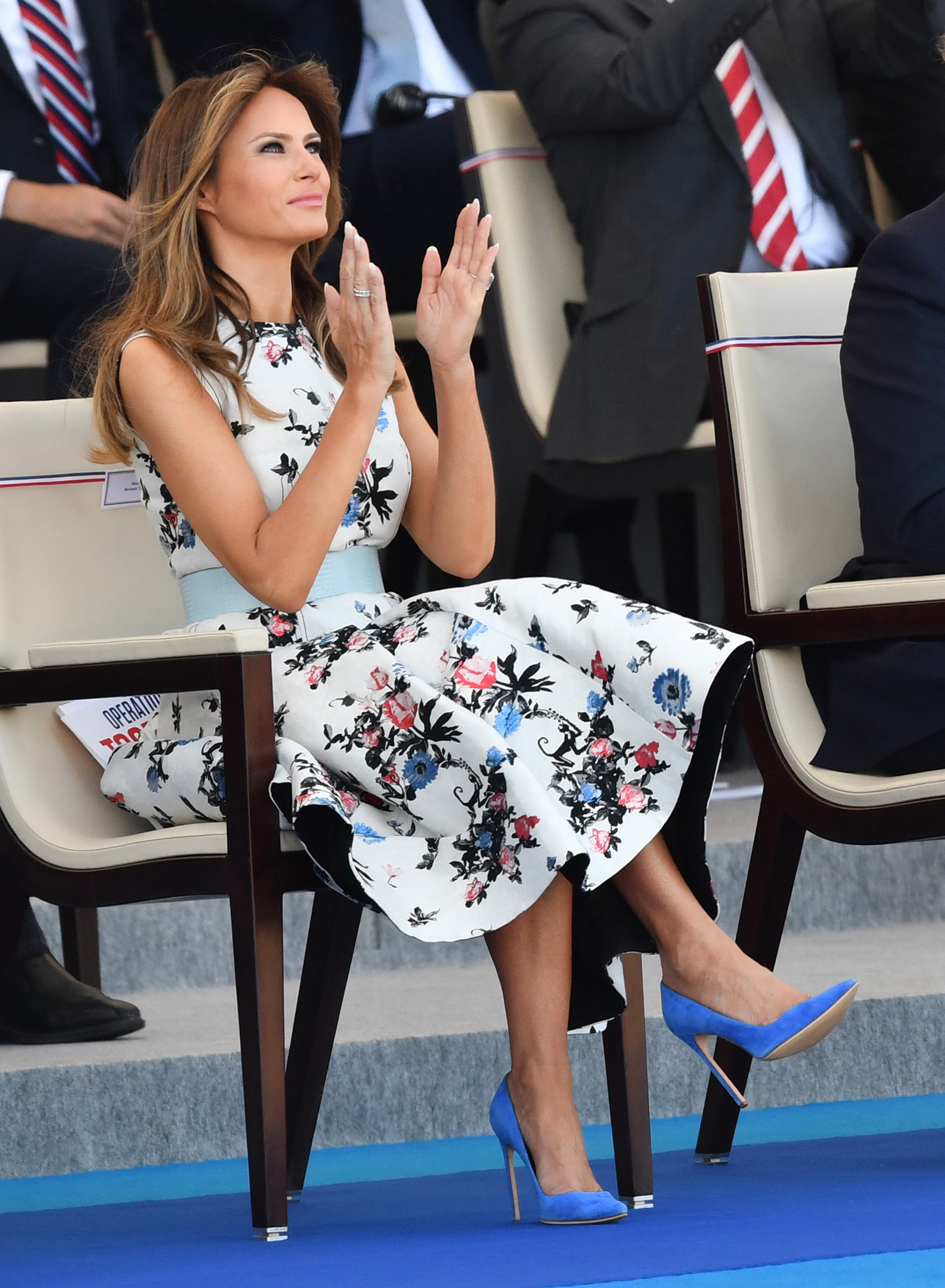First lady Melania Trump wears a Valentino dress while attending the annual Bastille Day military parade along Avenue des Champs-Elysees in Paris, France on July 14, 2017.