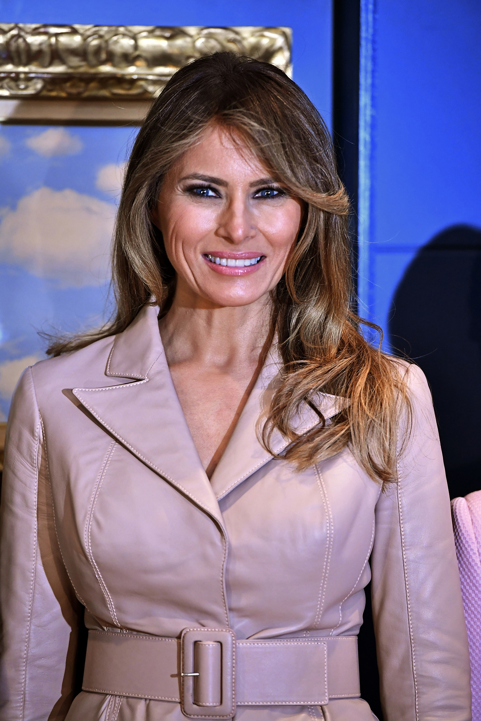 First lady Melania Trump wears a beige skirt suit by Belgian designer Maison Ullens , on a visit to the Magritte Museum, on May 25, 2017, in Brussels, on the sidelines of the NATO (North Atlantic Treaty Organization) summit.POLITICS-DIPLOMACY-MEEETING