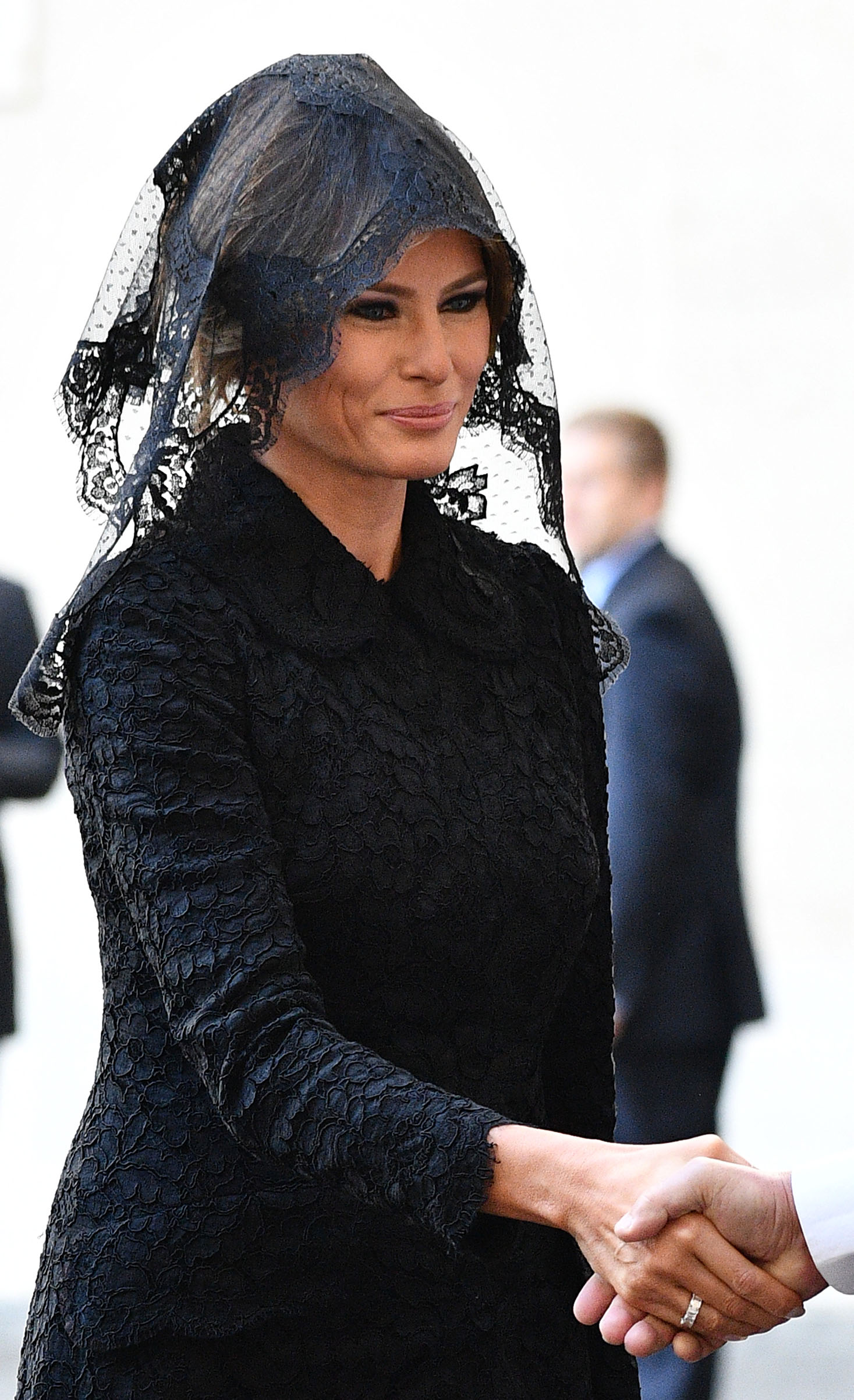 US First Lady Melania Trump wearing a Dolce & Gabbana outfit, arrives at the Vatican prior a private audience of US President Donald Trump with Pope Francis, on May 24, 2017.