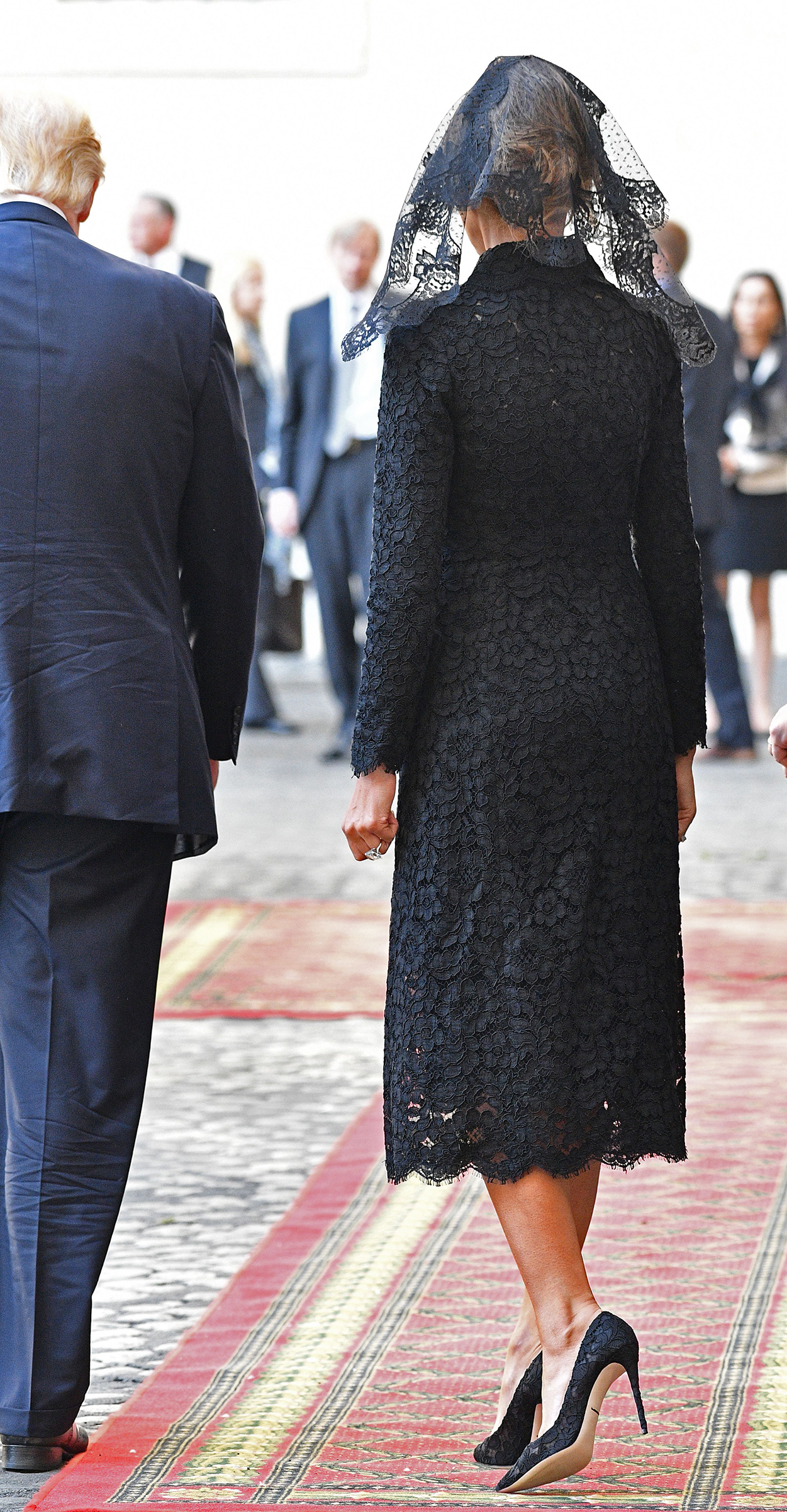 First lady Melania Trump wearing a Dolce & Gabbana outfit, arrives at the Vatican prior a private audience of US President Donald Trump (L) with Pope Francis, on May 24, 2017.