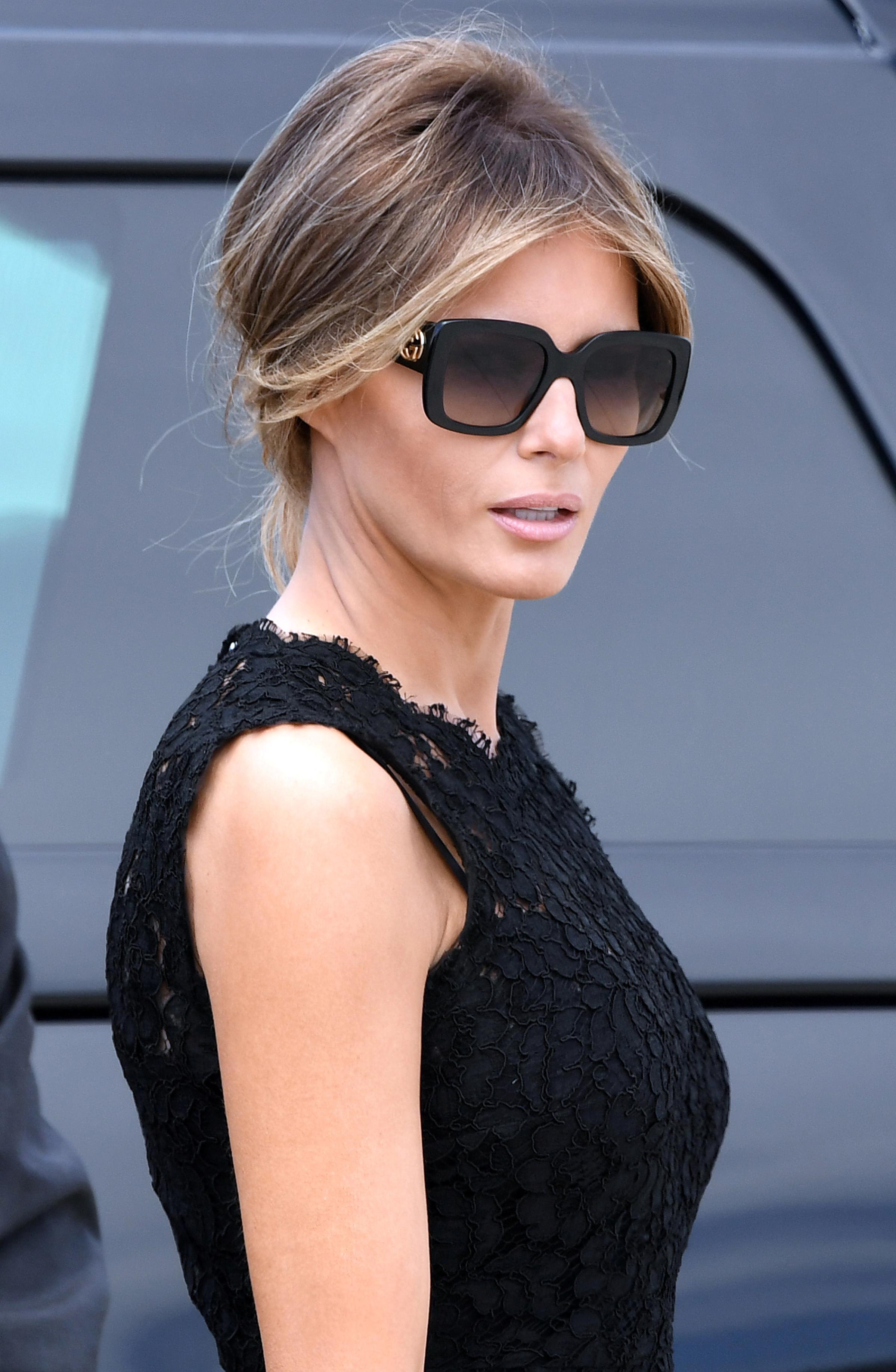First lady Melania Trump wearing oversized square sunglasses s seen before boarding Air Force One at Leonardo da Vinci-Fiumicino Airport in Rome, Italy, May 24, 2017.