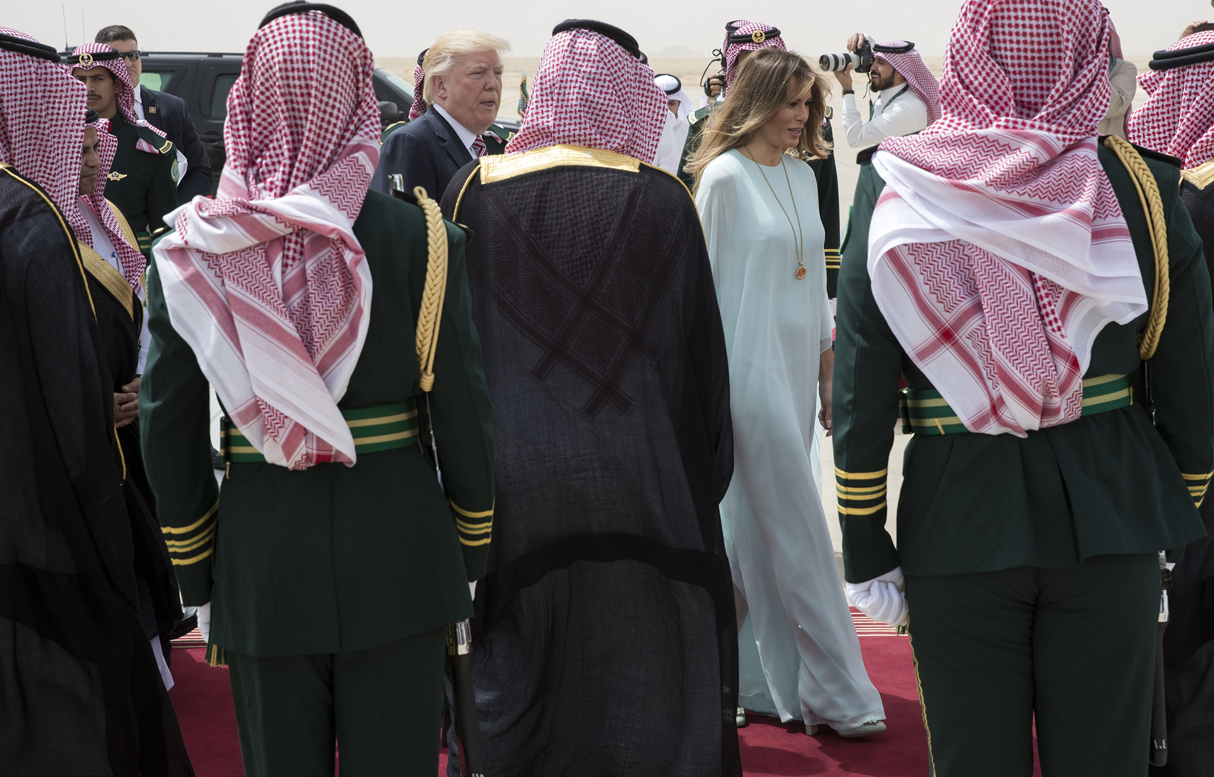 President Donald Trump and first lady Melania Trump wearing powder blue gown prepares to board Air Force One to depart for Israel from King Khalid International Airport in Riyadh, Saudi Arabia, May 22, 2017.