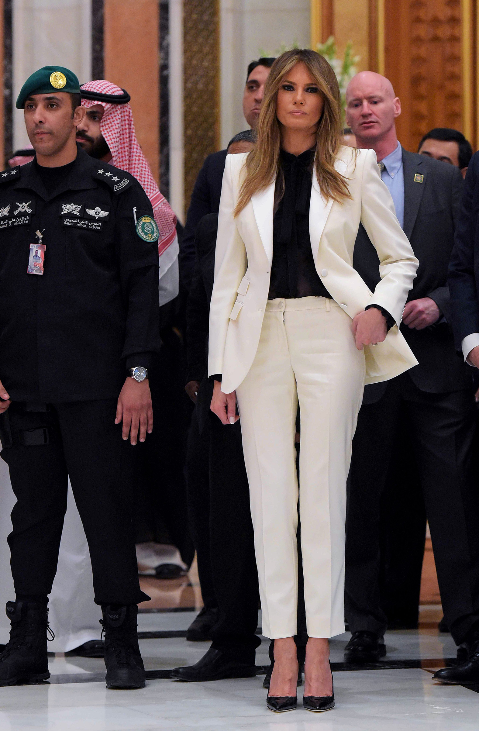 First lady Melania Trump wearing a cream Dolce & Gabbana suit, ahead of the Arab Islamic American Summit at the King Abdulaziz Conference Center in Riyadh on May 21, 2017.
