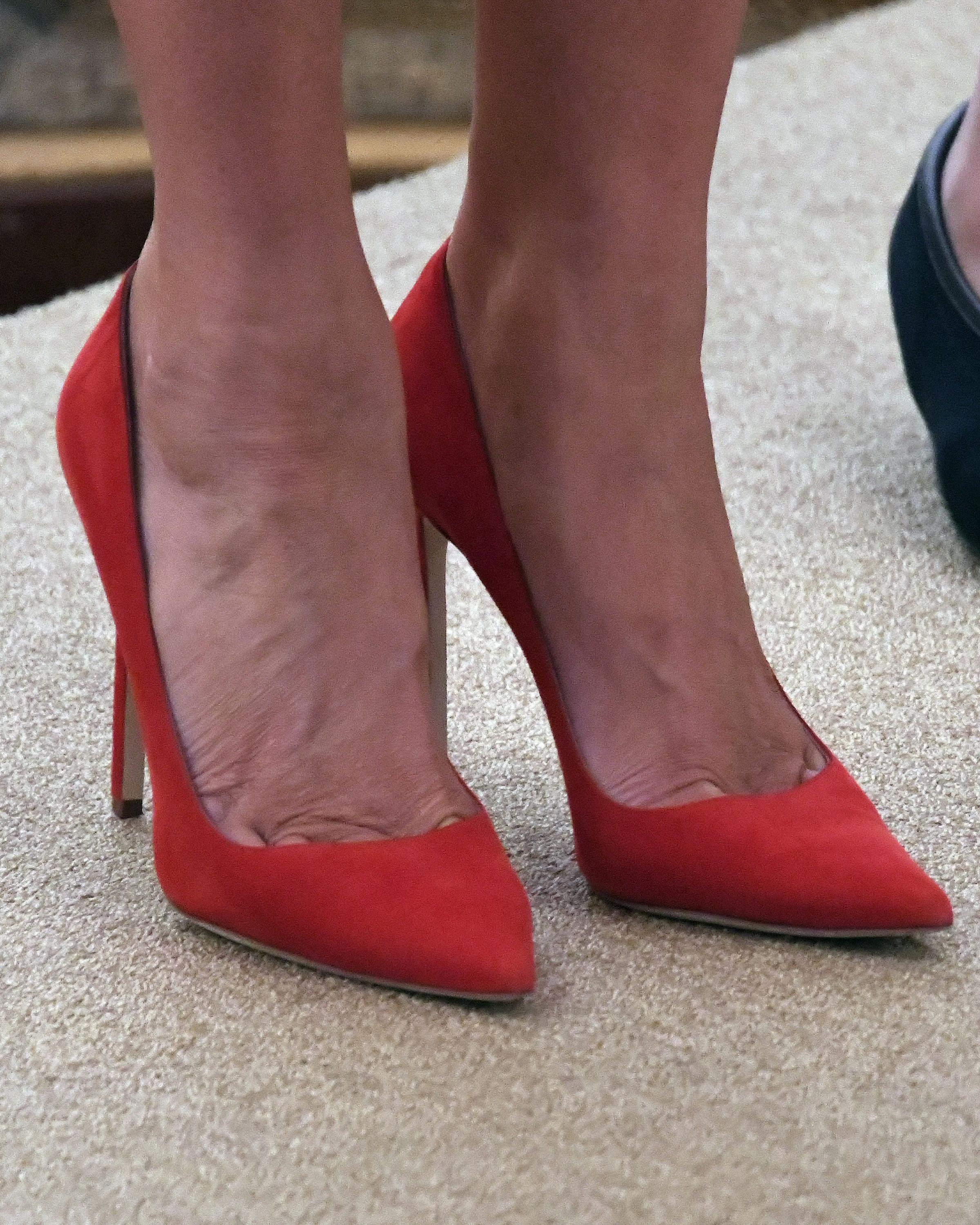 Red shoes worn by first lady Melania Trump as she and United States President Donald J. Trump host a Hispanic Heritage Month at the White House in Washington, DC., Oct. 6, 2017.