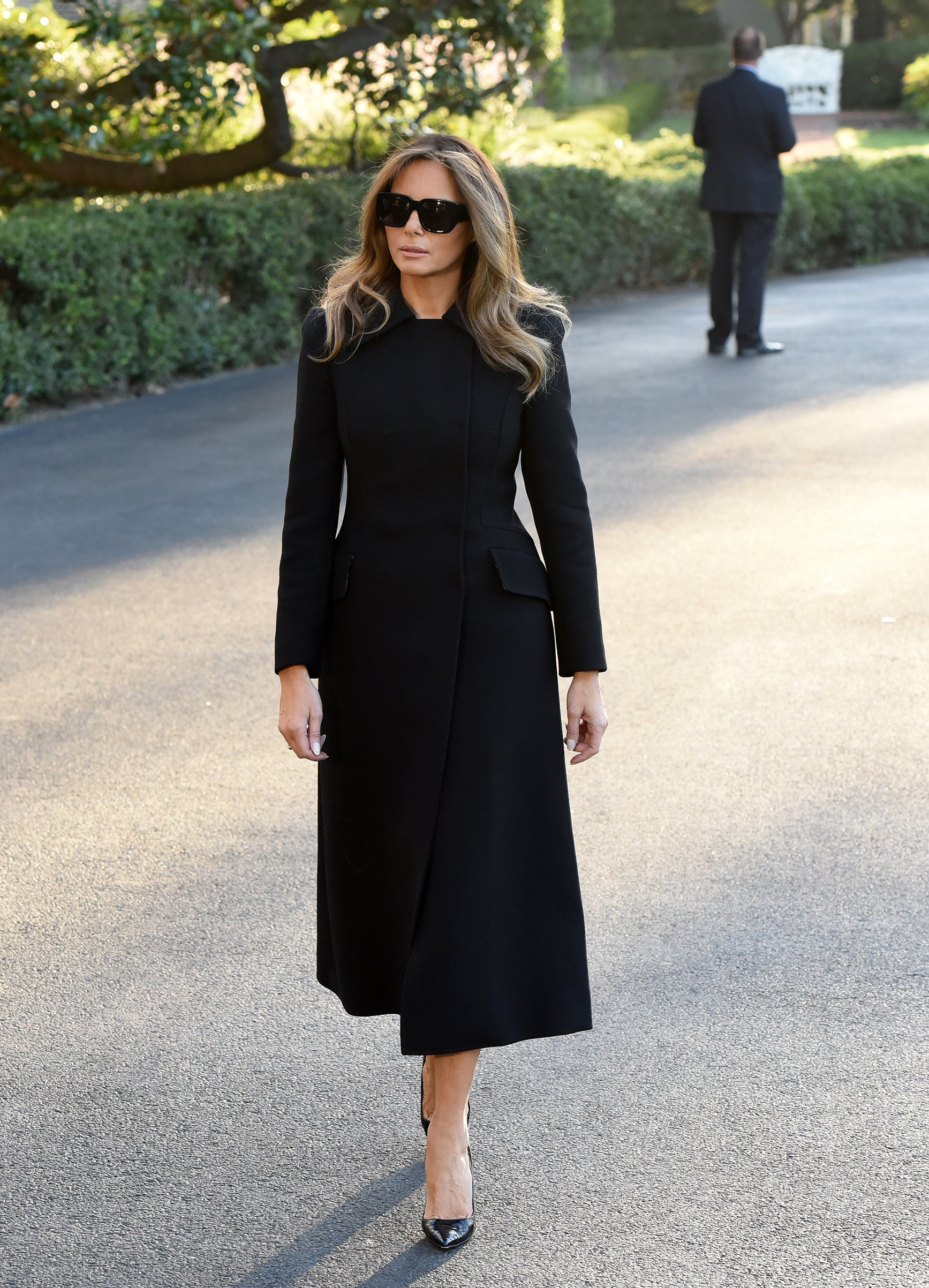 First Lady Melania Trump, departs the White House wearing a black full length coat, en route to Las Vegas, Nevada Oct. 4, 2017.