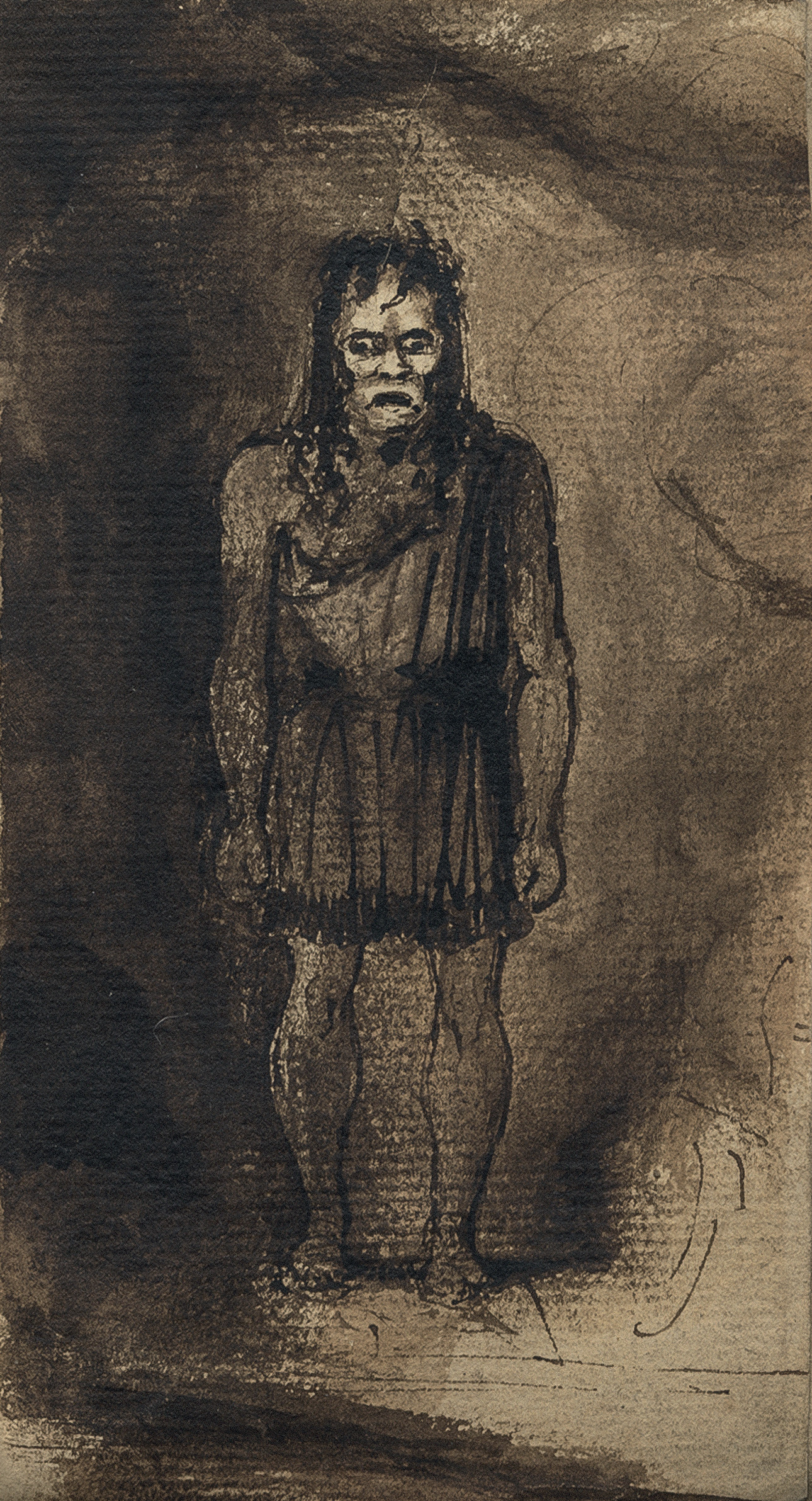 Sketch by Richard Wynn Keene—later known as the designer Dykwynkyn—of the actor O. Smith as the Monster in the first revival of Presumption! or the Fate of Frankenstein, at the English Opera House, Lyceum, in summer 1828, published or the first time in Frankenstein: The First Two Hundred Years.