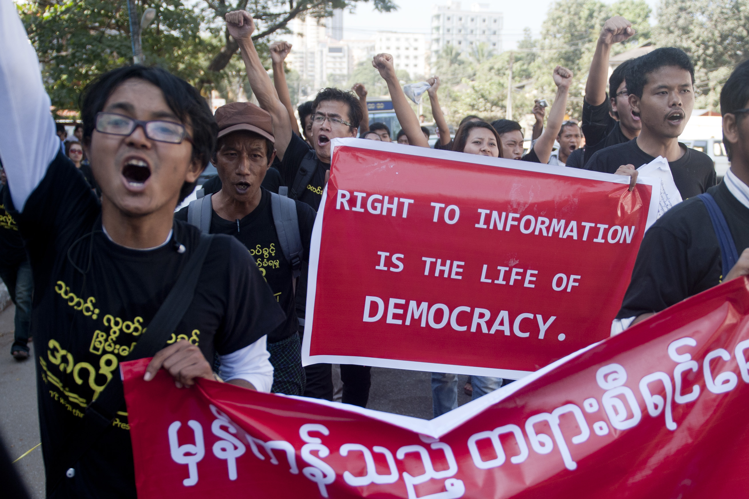 Reporters march for press freedom in Yangon on Jan. 7, 2014. (Ye Aung Thu—AFP/Getty Images)