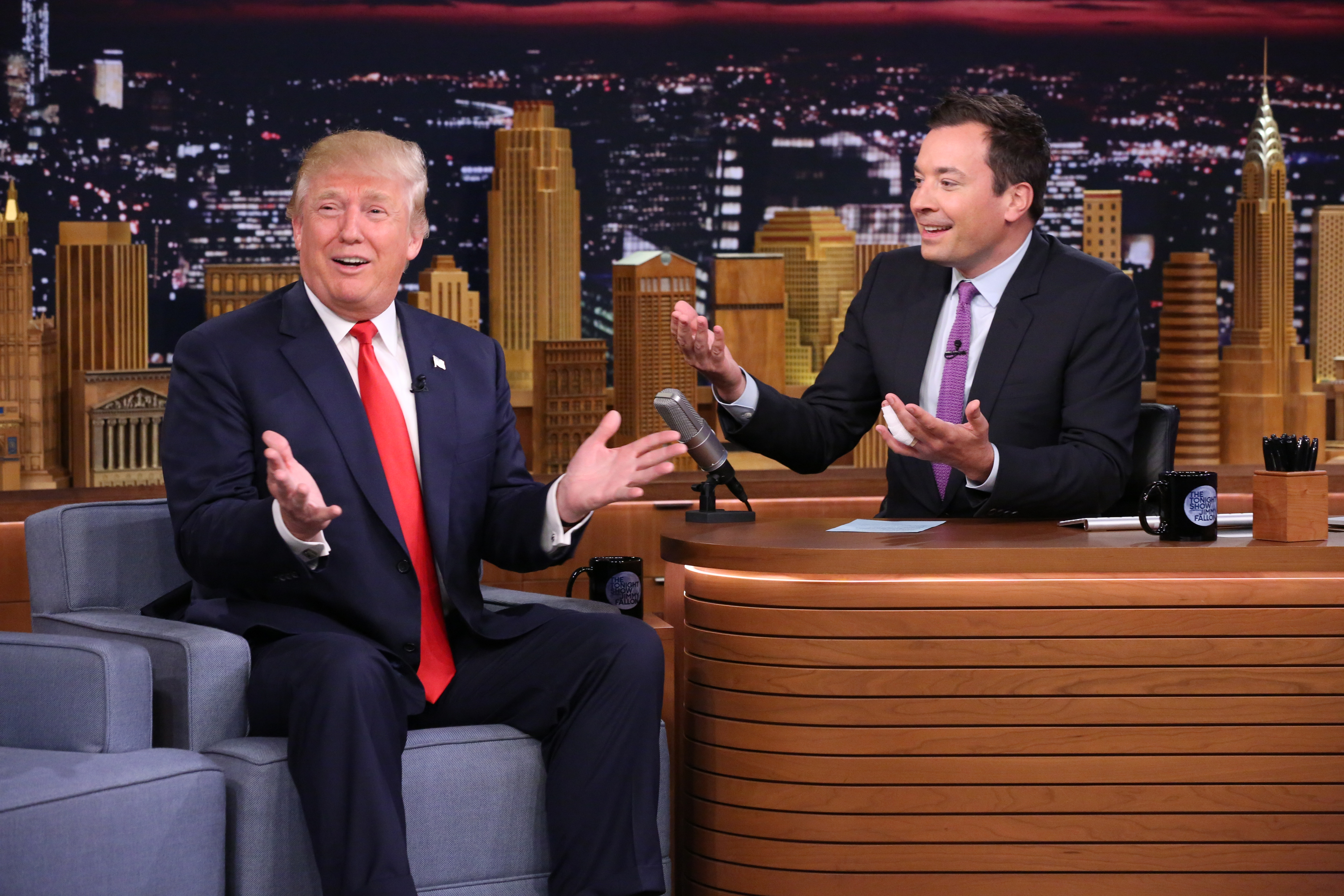 THE TONIGHT SHOW STARRING JIMMY FALLON -- Episode 0327 -- Pictured: (l-r) Donald Trump during an interview with host Jimmy Fallon on September 11, 2015 (NBC&mdash;NBCU Photo Bank via Getty Images)