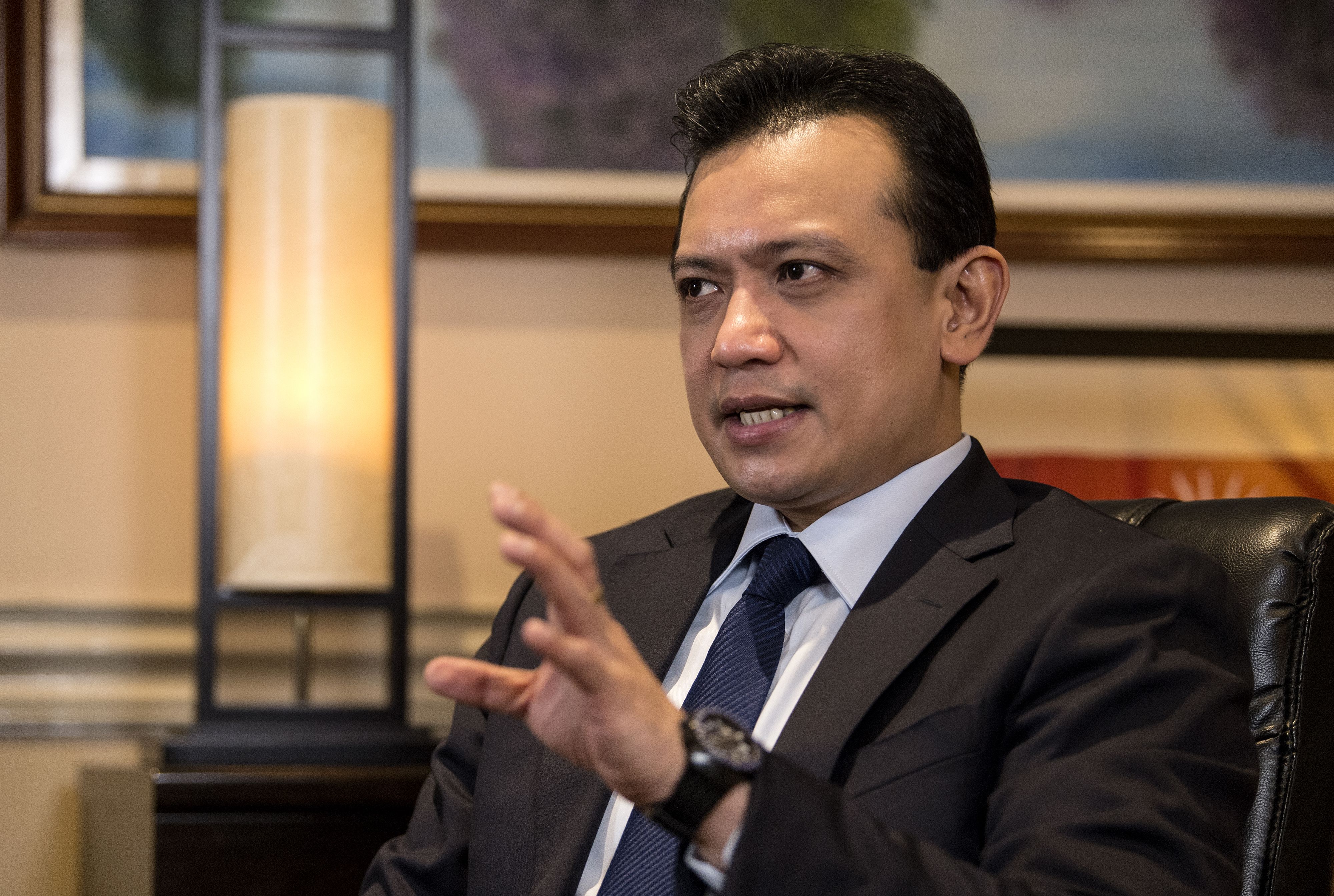 This photo taken on September 13, 2017 shows Philippine Senator Antonio Trillanes gesturing during an interview at his office in the Senate building in Manila. (Noel Celis—AFP/Getty Images)