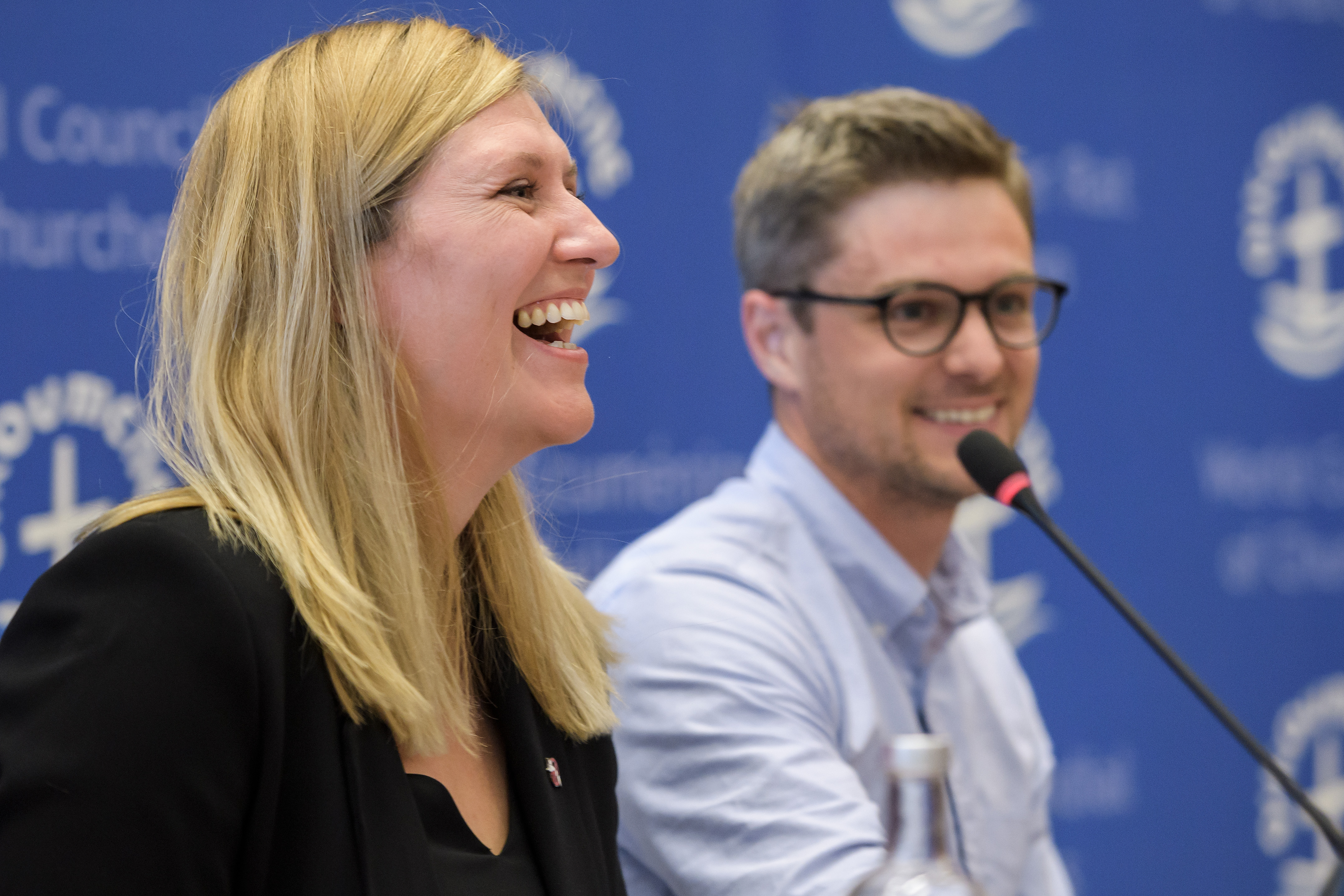 ICAN Executive director Beatrice Fihn (L) reacts next to coordinator Daniel Hogstan (R) during a press conference after ICAN won the Nobel Peace Prize on October 6, 2017 in Geneva. (Fabrice Coffrini—AFP/Getty Images)