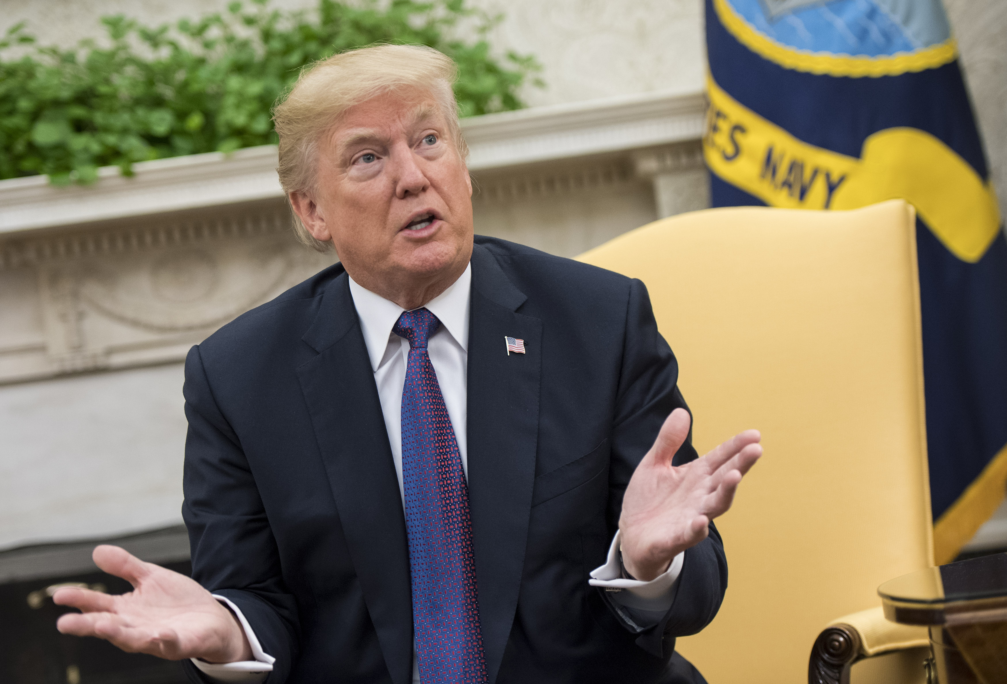 President Donald Trump speaks to the media during a meeting with Governor Ricardo Rossello of Puerto Rico in the Oval Office at the White House on October 19, 2017 in Washington, D.C. (Kevin Dietsch/Pool—Getty Images)