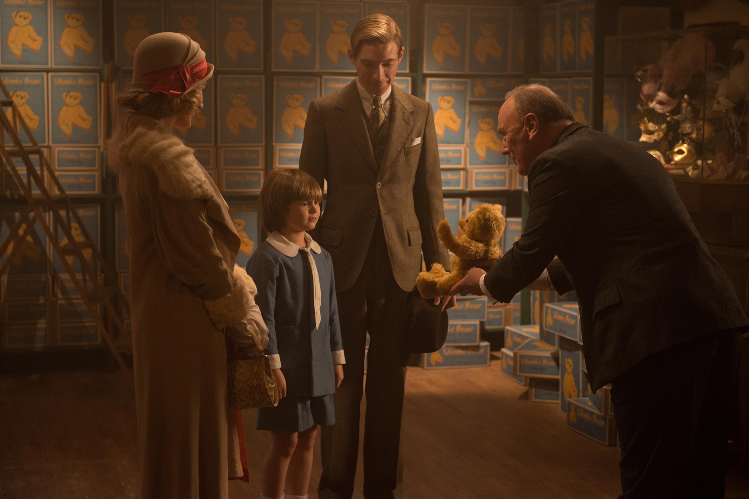 Margot Robbie, Will Tilston, Domhnall Gleeson and Richard Clifford in the film Goodbye Christopher Robin