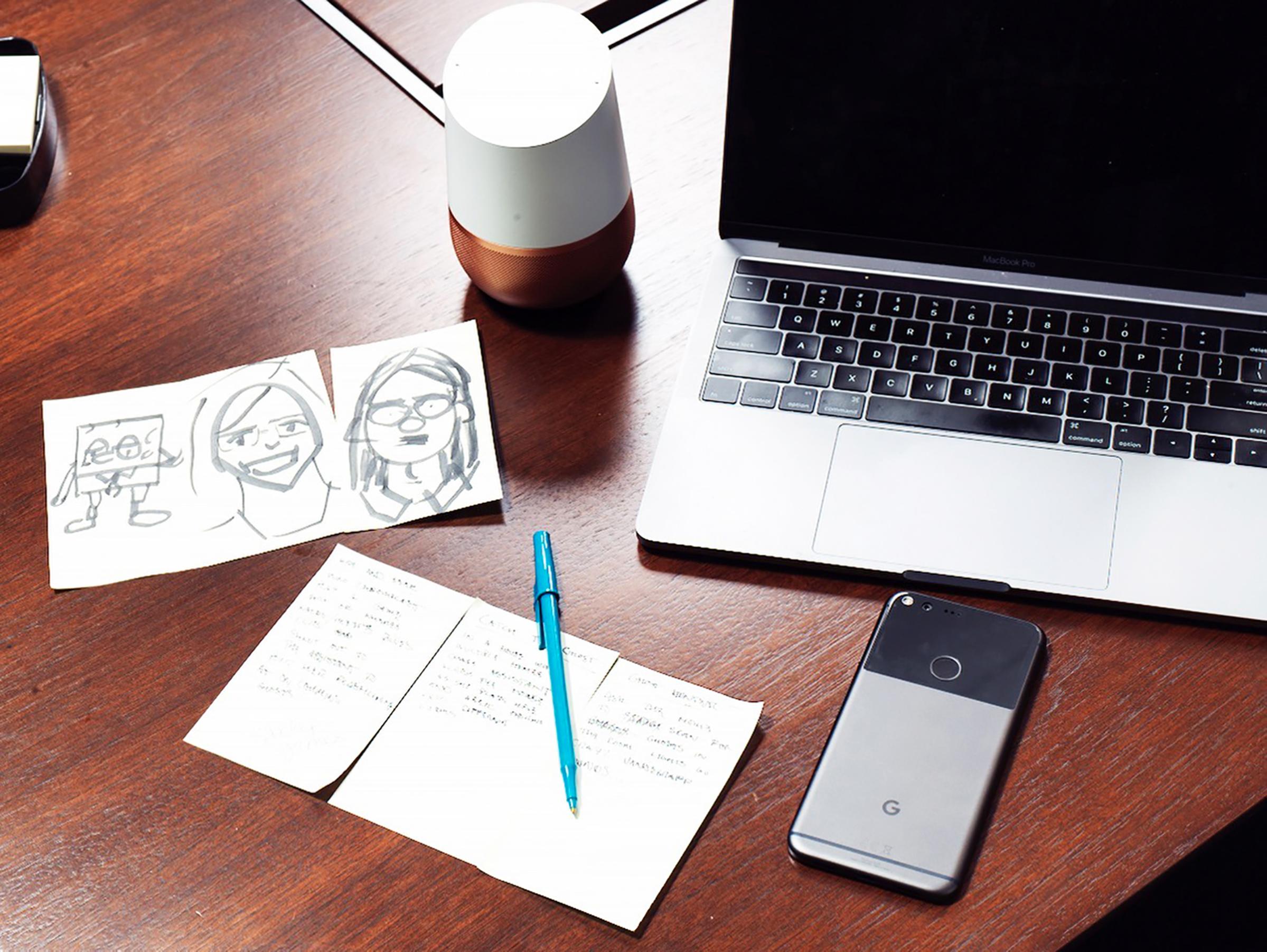 Google’s personality team draws on a broad range of sources to hone the character of the company’s voice-enabled Assistant. Writers use notes and doodles to track potential ideas that eventually show up in products like this white-and-brass-colored Google Home, top center, and the Pixel smartphone, bottom right.