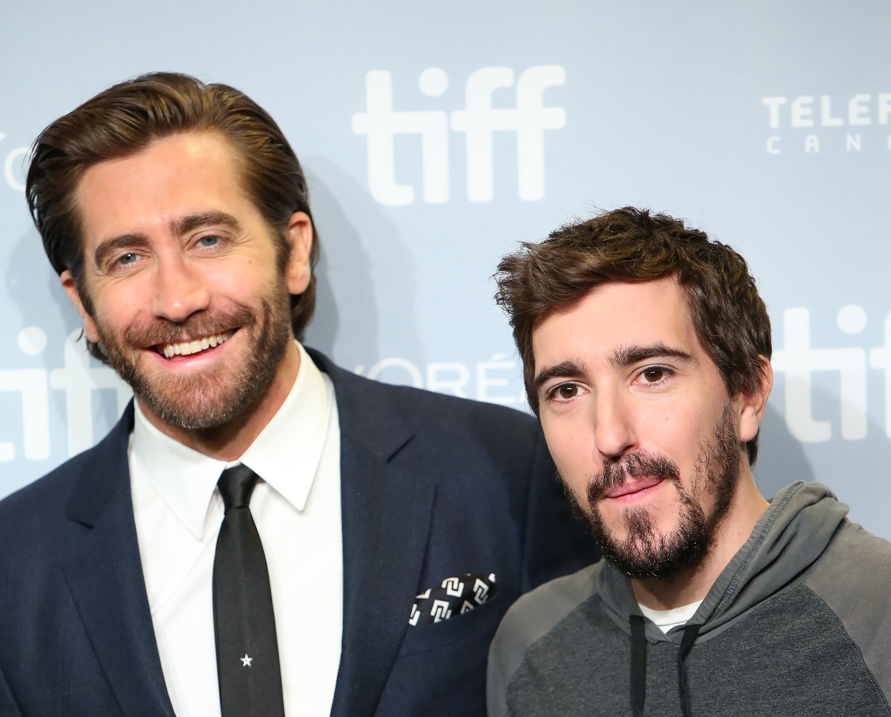 Jake Gyllenhaal and Jeff Bauman attend the 'Stronger' photo call during the 2017 Toronto International Film Festival at Tiff Bell Lightbox on September 9, 2017 in Toronto, Canada. (Walter McBride&mdash;FilmMagic/Getty Images)