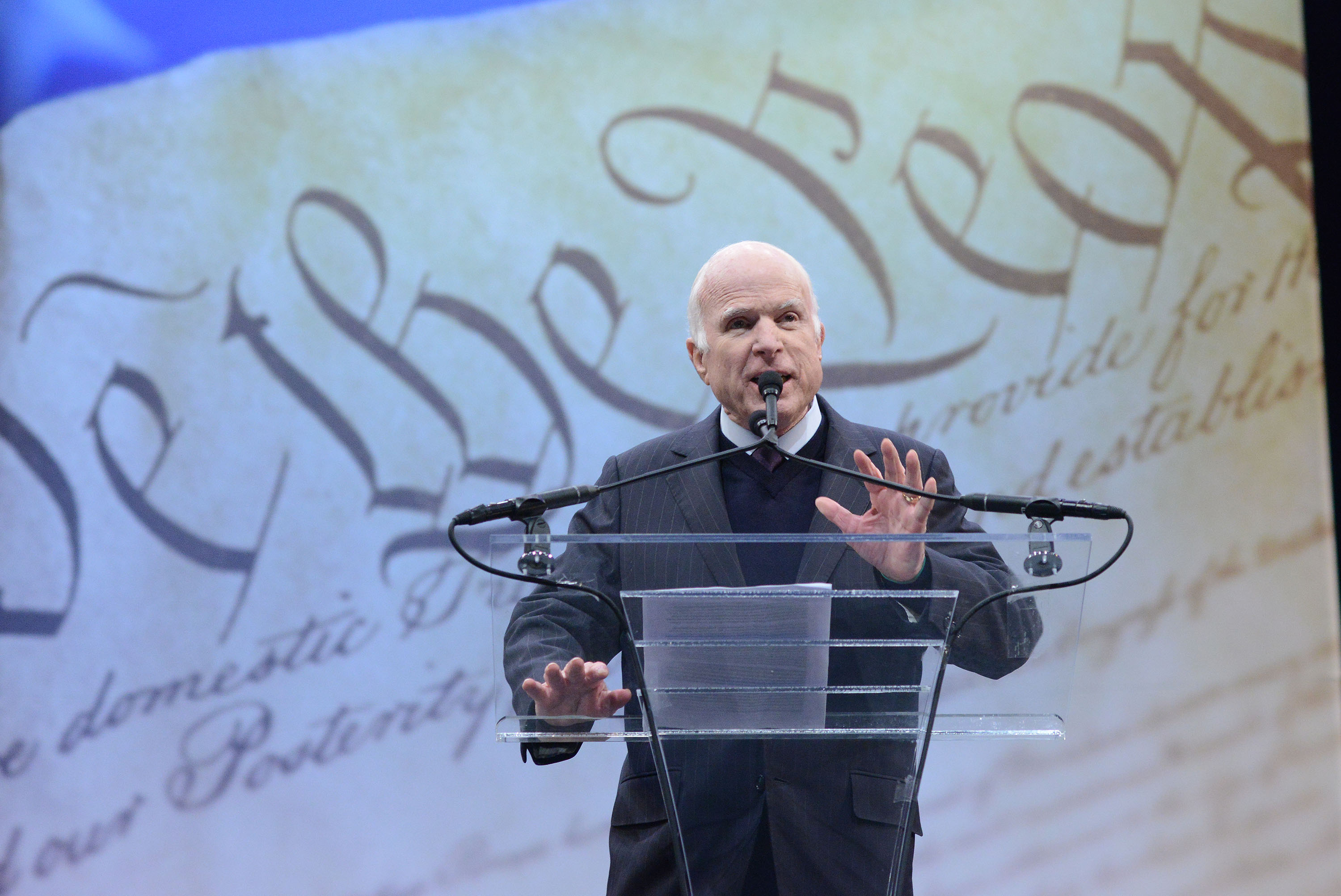 Sen. John McCain (R-AZ) makes remarks after receiving the the 2017 Liberty Medal from former Vice President Joe Biden at the National Constitution Center on Oct. 16, 2017 in Philadelphia. (William Thomas Cain—Getty Images)