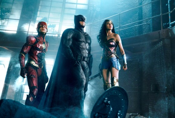 Ezra Miller as The Flash, Ben Affleck as Batman, and Gal Gadot as Wonder Woman in Justice League