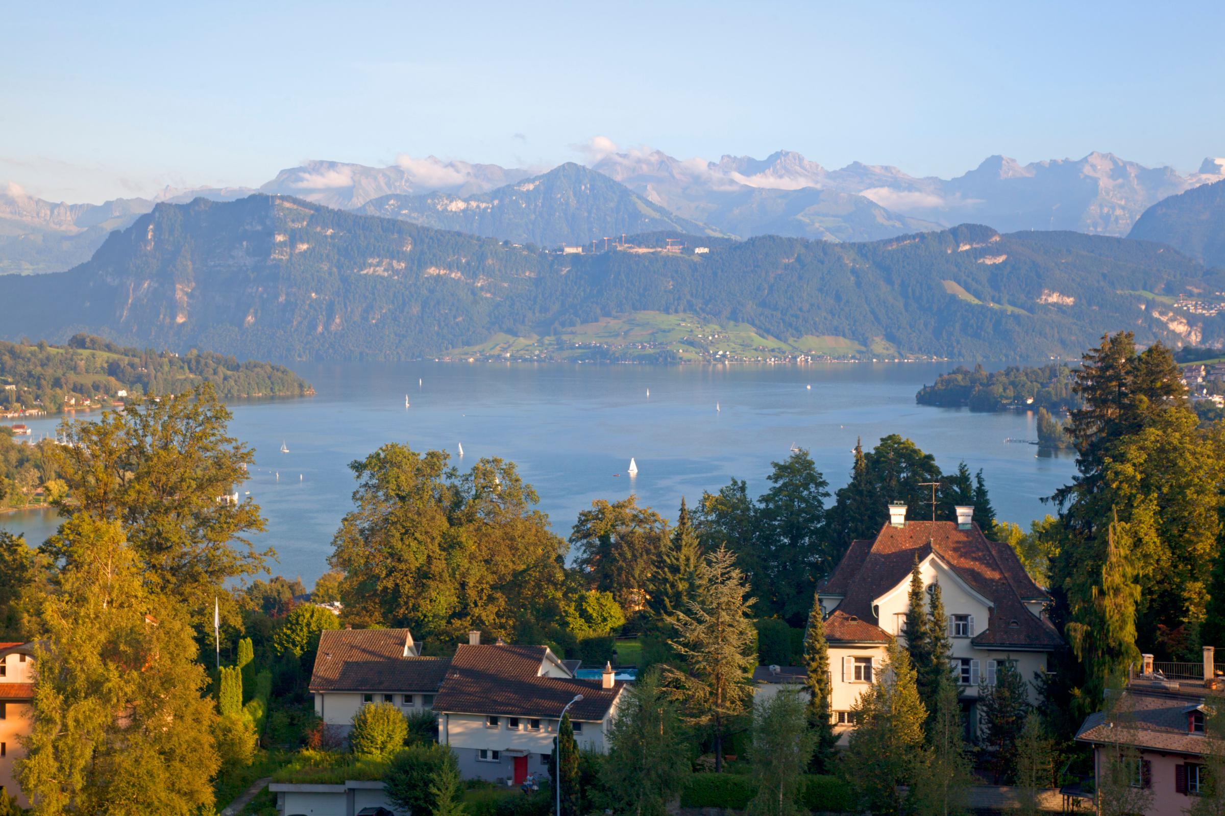 Switzerland, Lake Lucerne, View of Swiss Alps and Lake Lucerne