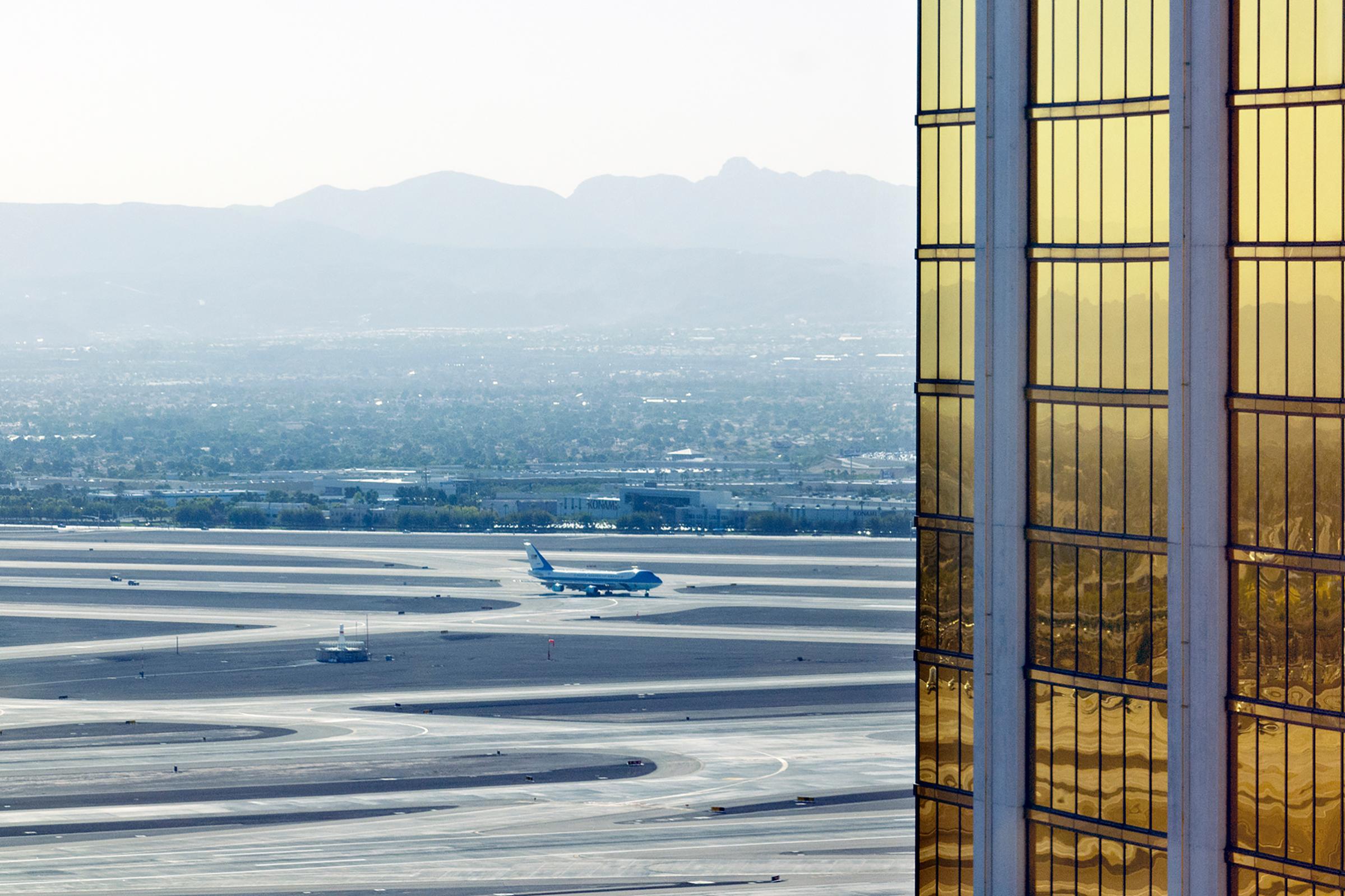 President Trump arrives on Air Force One at McCarran International Airport, Las Vegas. Oct. 4, 2017. The Mandalay Bay Resort and Casino is seen on the right.