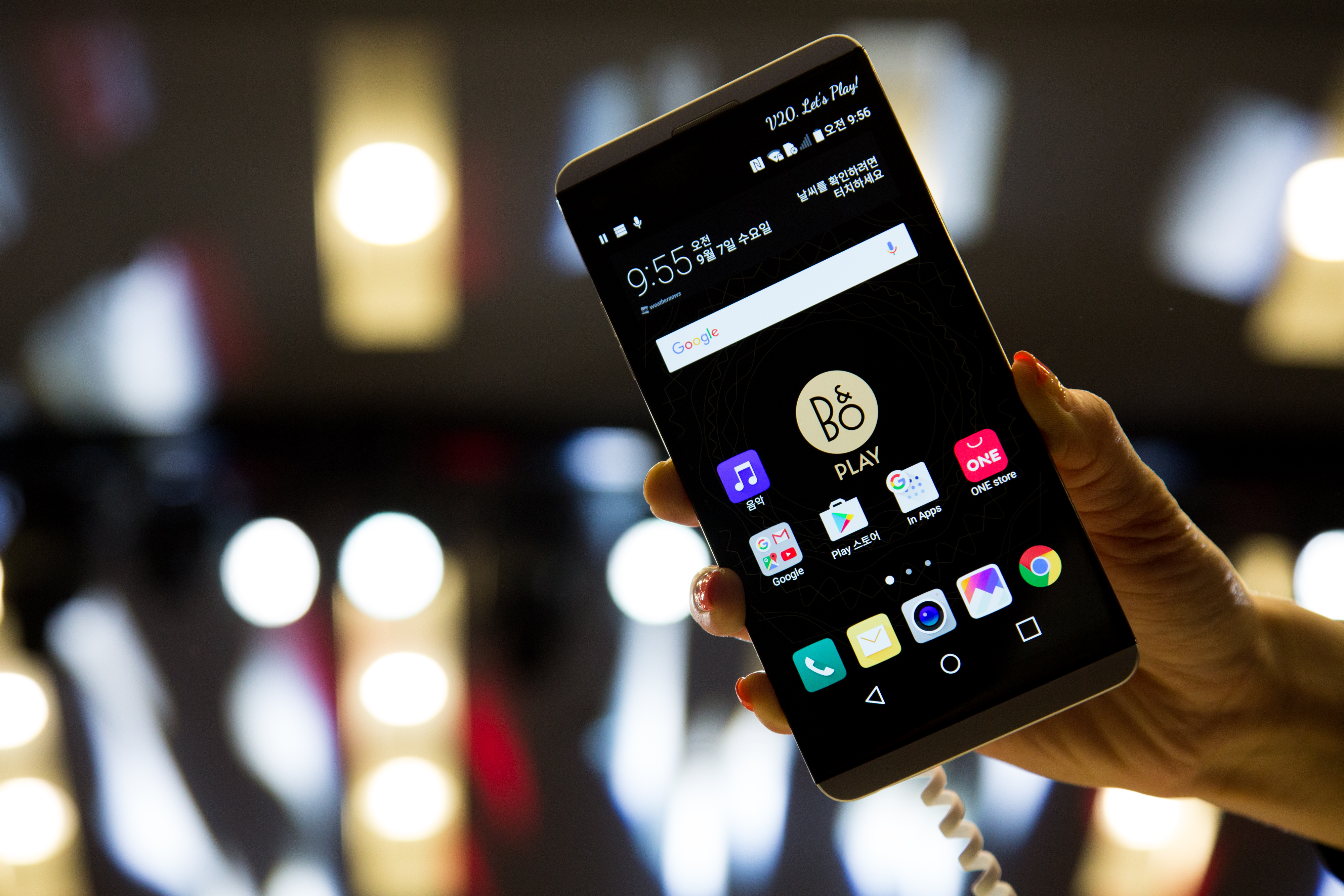 An LG Electronics Inc. V20 smartphone is displayed during a launch event in Seoul, South Korea, on Sept. 7, 2016. (SeongJoon Cho—Bloomberg /Getty Images)