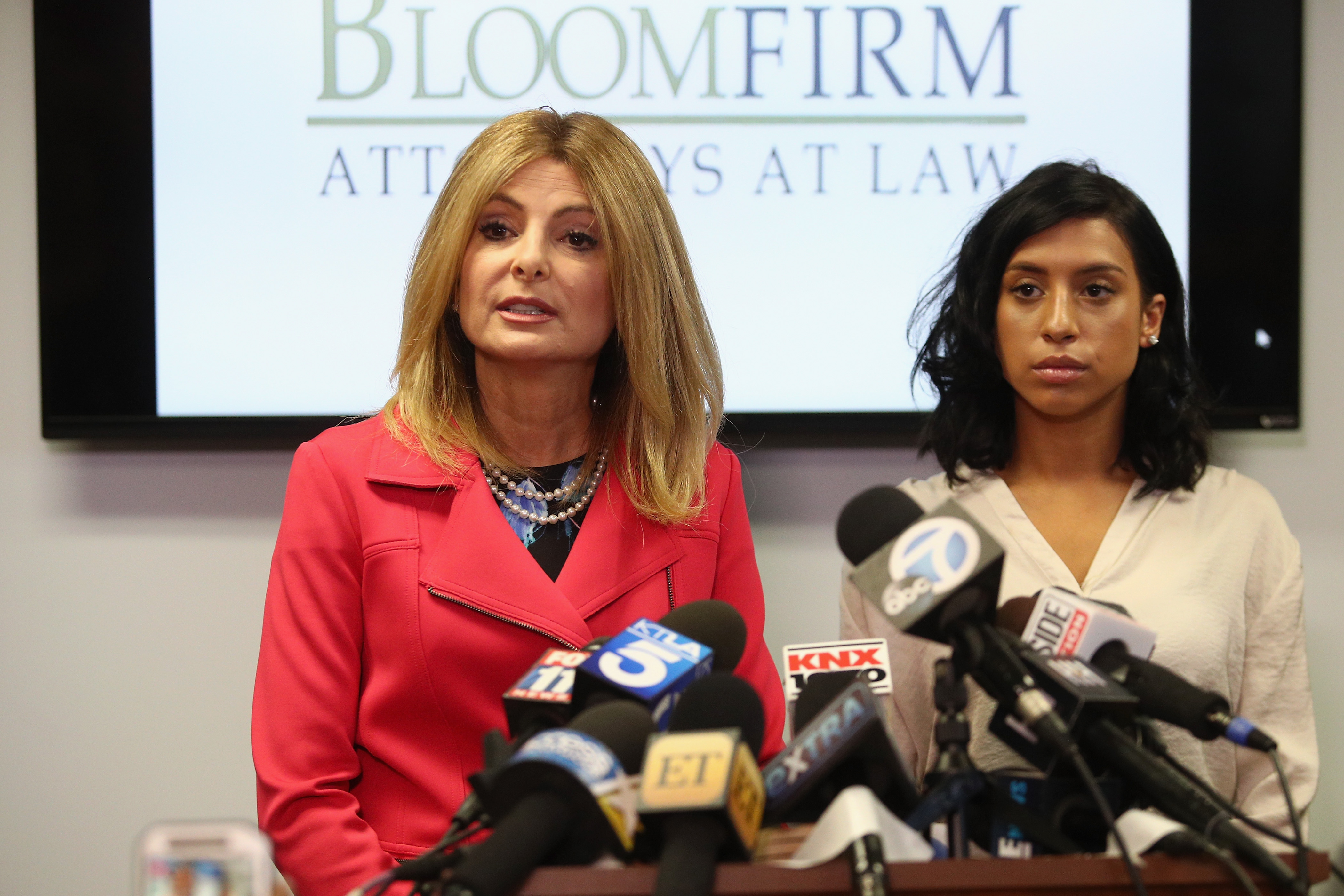 Lisa Bloom (L), lawyer for Montia Sabbag, speaks regarding the alleged attack on her client's character after accusations that Sabbag attempted to extort comedian Kevin Hart during a press conference held at The Bloom Firm September 20, 2017 in Woodland Hills, California.  The scandal stems from a provocative video taken in Las Vegas last month where both Hart and Sabbag are seen. (Frederick M. Brown&mdash;Getty Images)