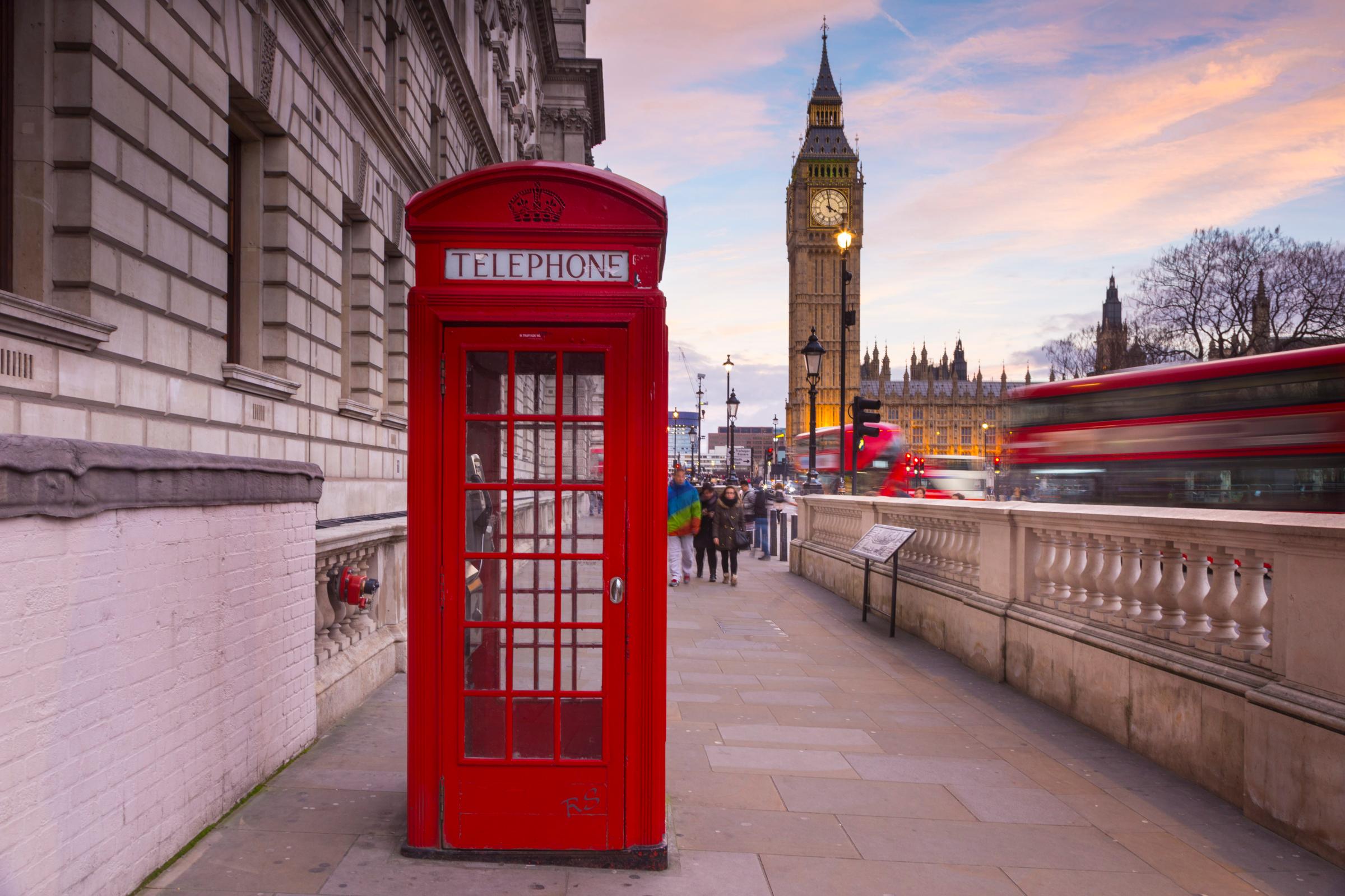 Western Europe, UK, Great Britain, England, London, Red phone box with Big Ben in background