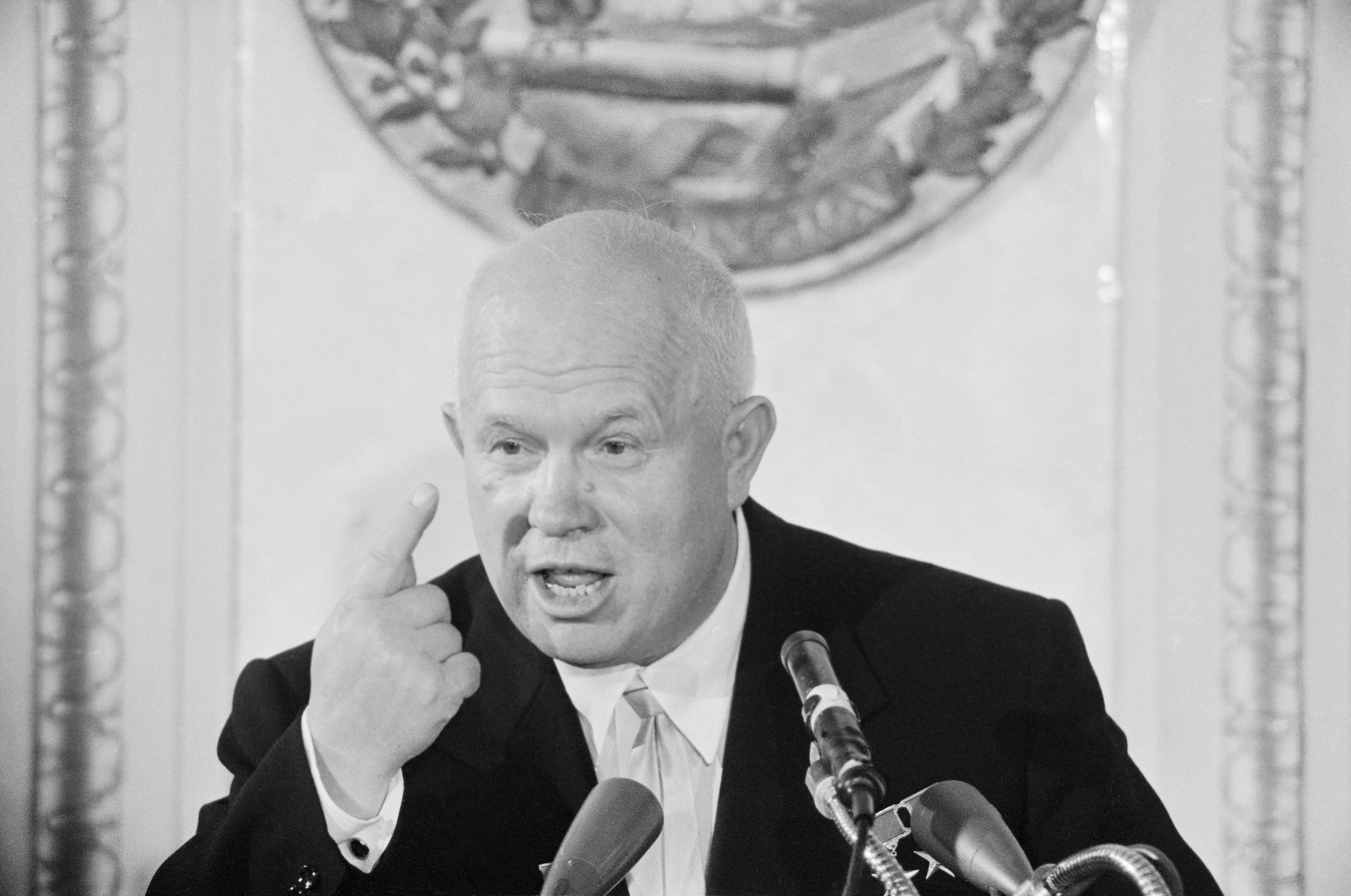 Soviet Premier Nikita Khrushchev makes a point during a press conference at the National Press Club. (Bettmann Archive/Getty Images)