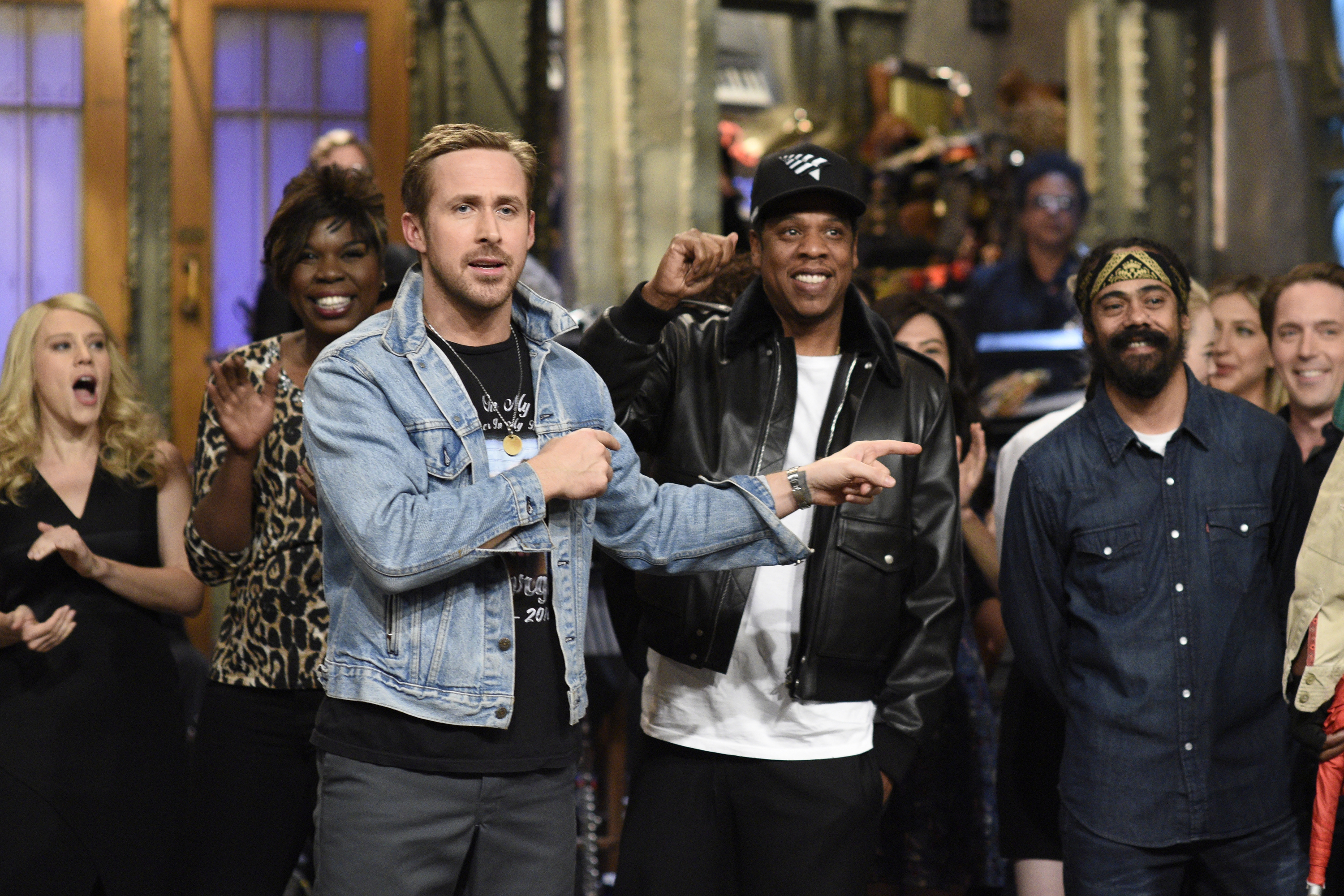 Ryan Gosling, Jay Z and cast on "Saturday Night Live" on Sept. 30, 2017 (Will Heath—NBCU/Getty Images)