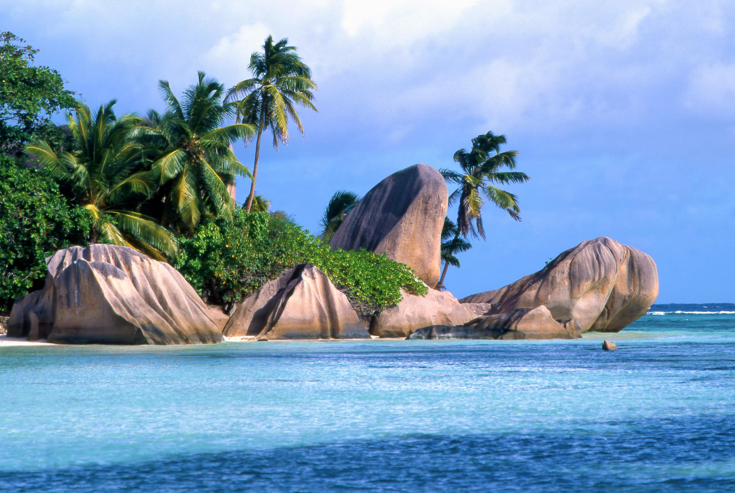 Seychelles, La Digue, Pointe Source d'Argent, sea, palm-trees, rocks
