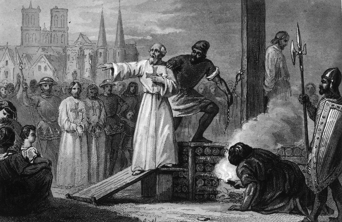 Eighteenth century illustration of Jacques de Molay, the 23rd and Last Grand Master of the Knights Templar, lead to the stake to burn for heresy. (Hulton Archive / Getty Images)