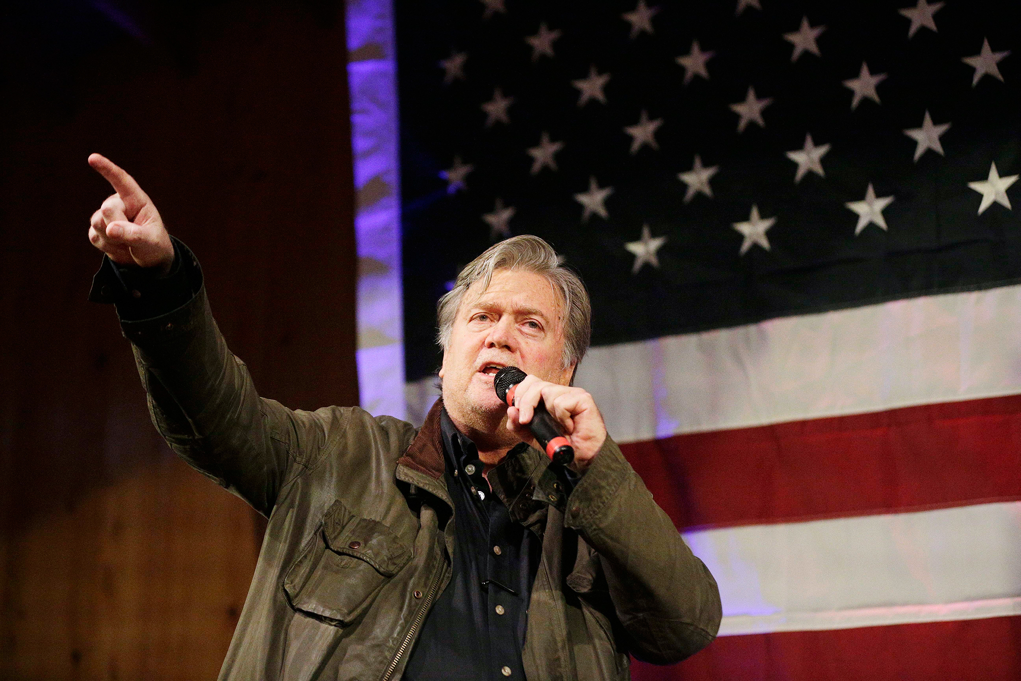 Bannon, top, has declared a “civil war” within the Republican Party and is backing candidates like Moore who pledge to challenge the party establishment in WashingtonSenate Alabama, Fairhope, USA - 25 Sep 2017 (AP/REX/Shutterstock)