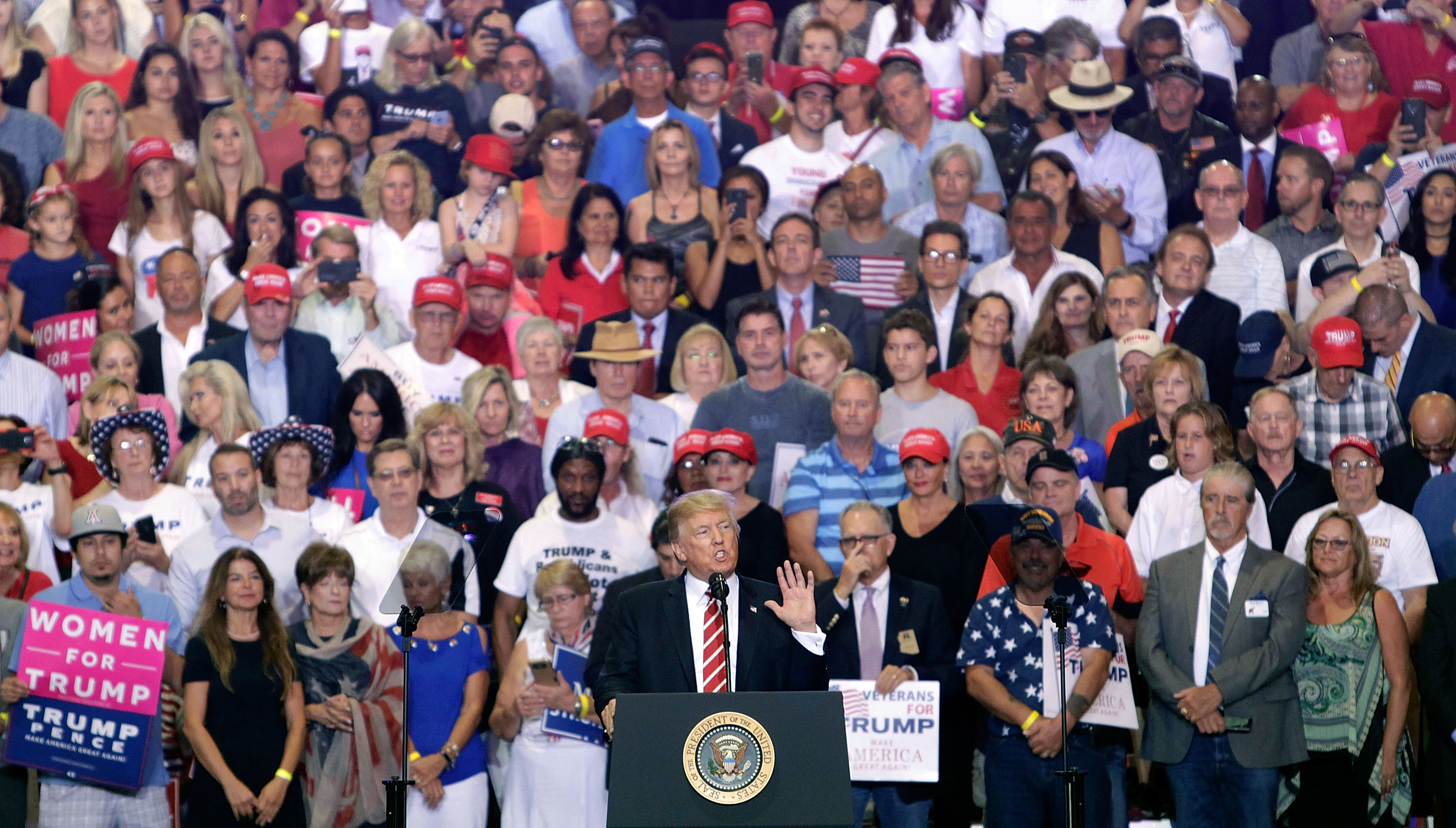 President Donald Trump speaks to a crowd of supporters at the Phoenix Convention Center during a rally on August 22, 2017 in Phoenix, Arizona. (Ralph Freso&mdash;Getty Images)