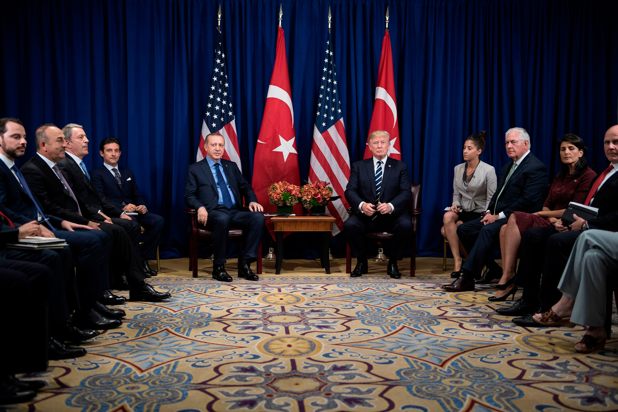Turkey's President Recep Tayyip Erdogan and US President Donald Trump wait for a meeting at the Palace Hotel during the 72nd United Nations General Assembly Sept. 21, 2017 in New York City. (Brendan Smialowski—AFP/Getty Images)