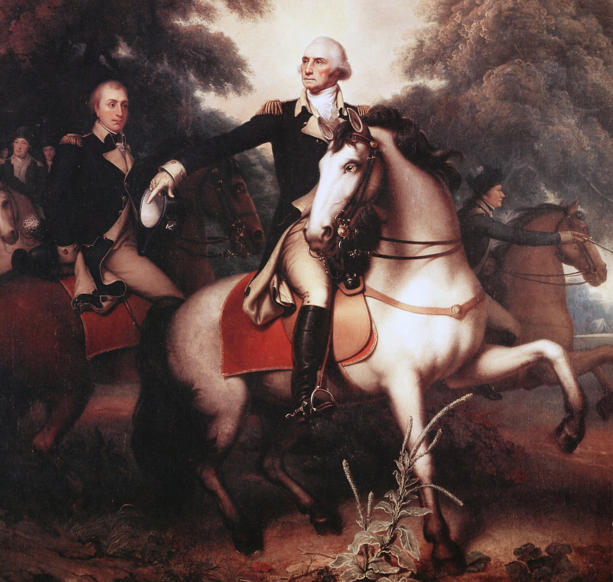 Washington before Yorktown by Rembrandt Peale (1778-1860). The picture shows George Washington, full-length portrait, in full dress uniform on horseback preparing his troops for the final battle of the Revolutionary War in Yorktown, Virginia. The fig