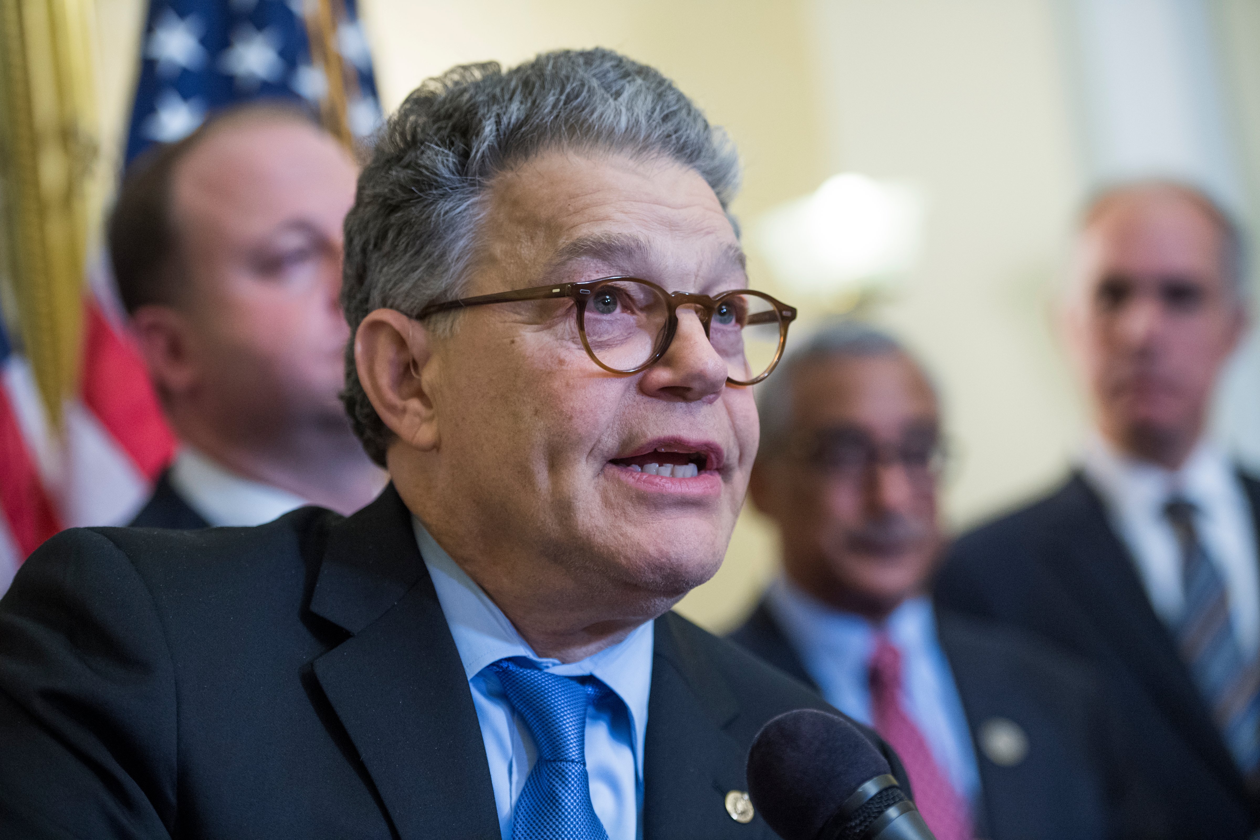 Sen. Al Franken, D-Minn., attends a news conference in the Capitol on the Child Care for Working Families Act, which focuses on affordable early learning and care on September 14, 2017. (Tom Williams&mdash;CQ-Roll Call,Inc./Getty Images)