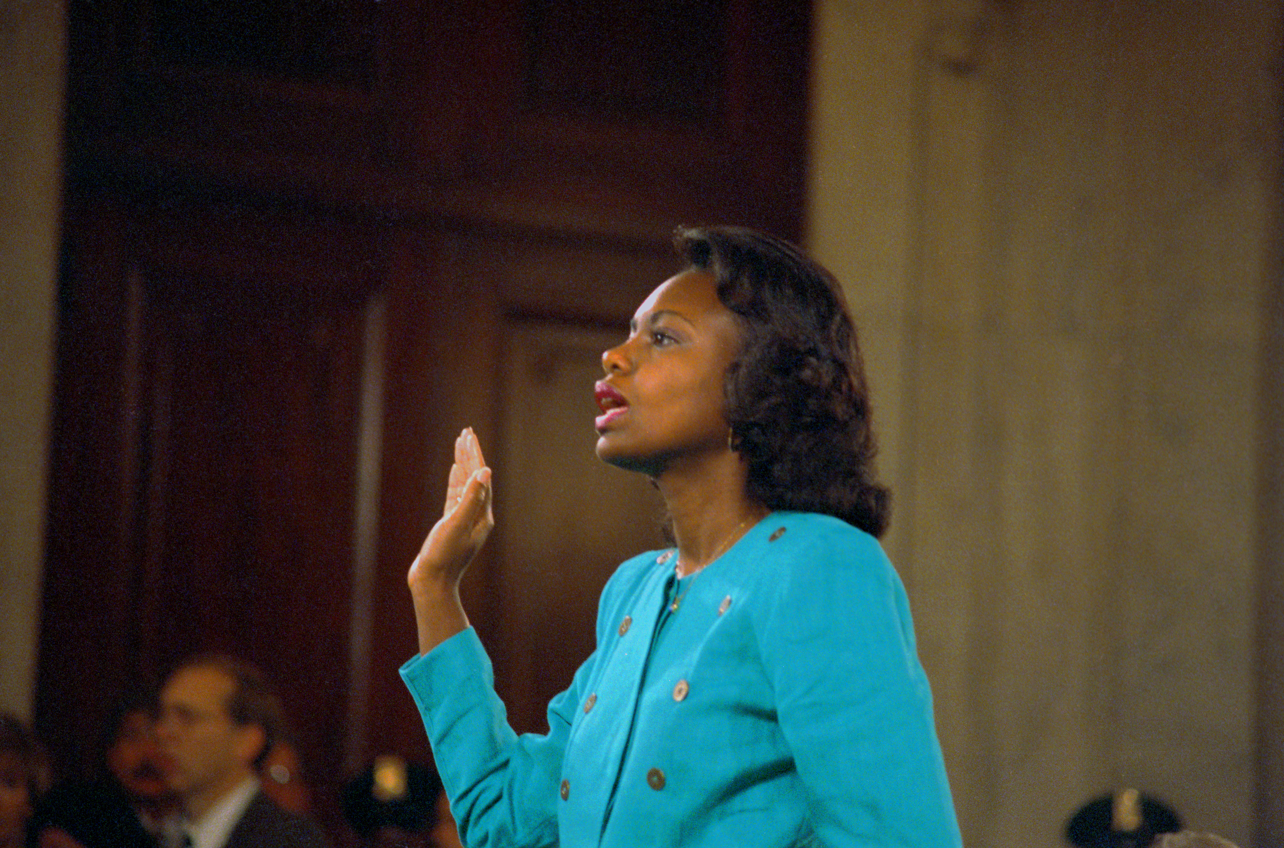 Professor Anita Hill is sworn-in before testifying at the Senate Judiciary hearing on the Clarence Thomas Supreme Court nomination. (Bettmann&mdash;Getty Images)