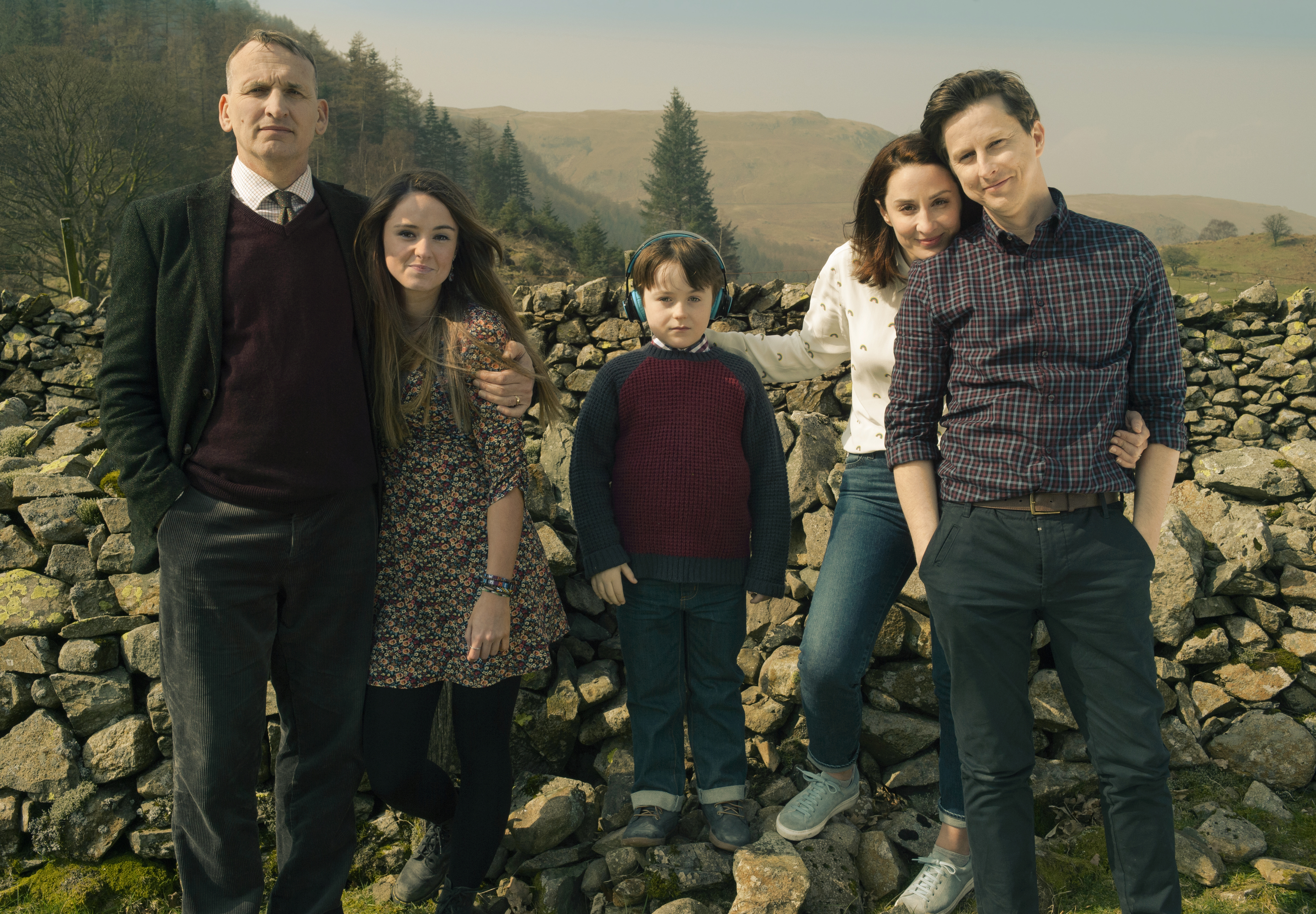 Still from The A Word. (Left to Right: Christopher Eccleston, Mollie Wright, Max Vento, Morven Christie, and Lee Ingleby) (AMC Networks)
