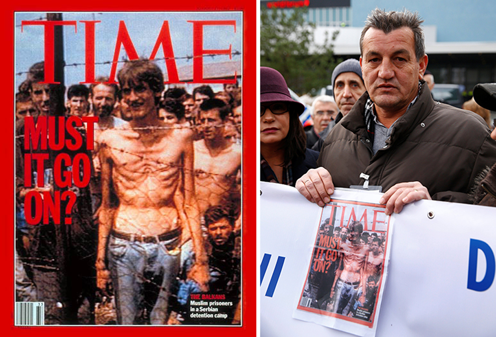 Fikret Alic holds a copy of the Aug. 17, 1992, cover of TIME—on which he appeared—outside the trial of former Bosnian Serb military commander Ratko Mladic in the Hague on Nov. 22, 2017. The United Nations' Yugoslav war crimes tribunal convicted Mladic of genocide and crimes against humanity, and sentenced him to life in prison. (ITN/REX; Michael Kooren—Reuters)