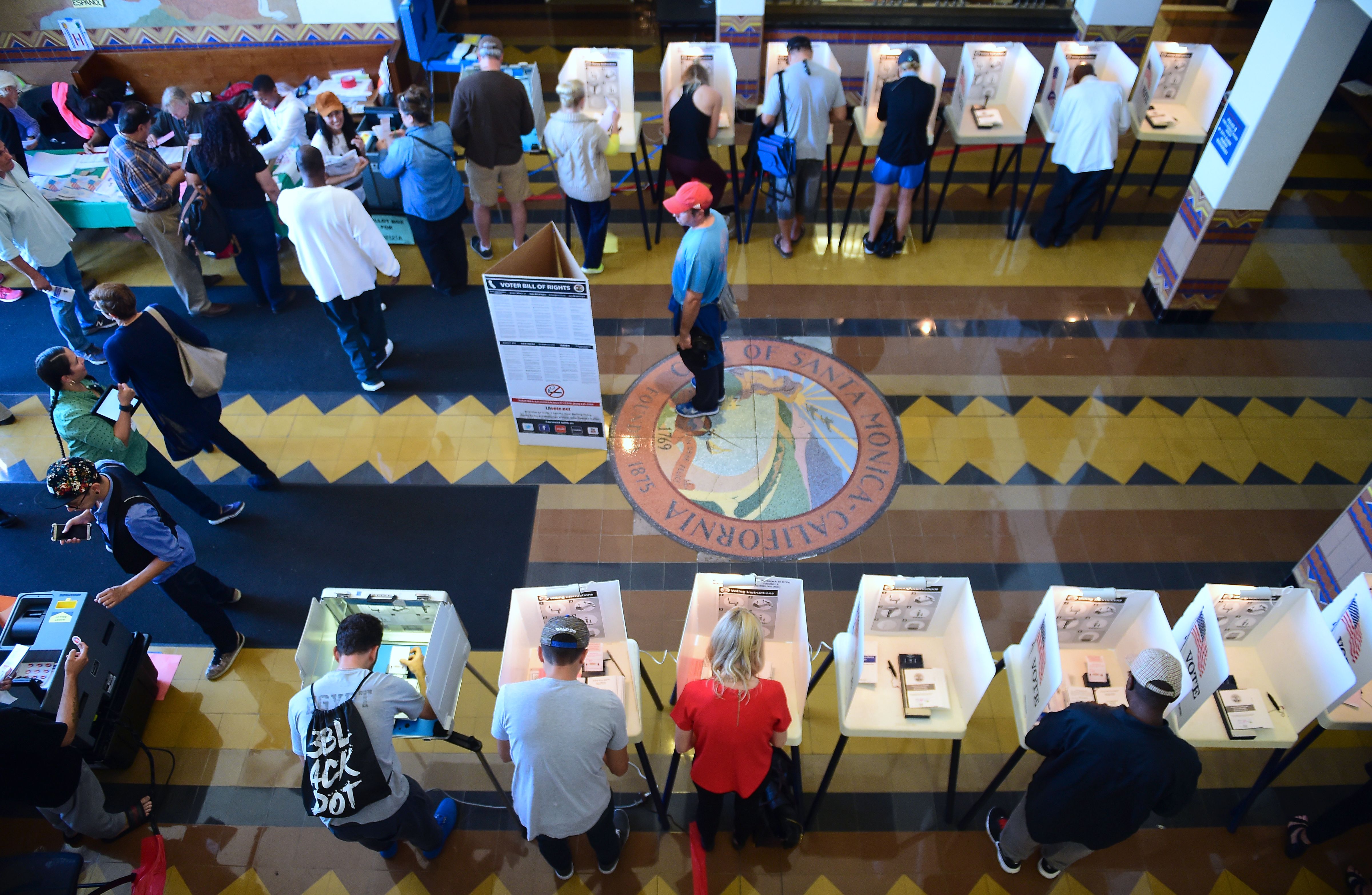 People vote on the US presidential election at Santa Monica City Hall on November 8, 2016 in Santa Monica, Calif. (FREDERIC J. BROWN&mdash;AFP/Getty Images)