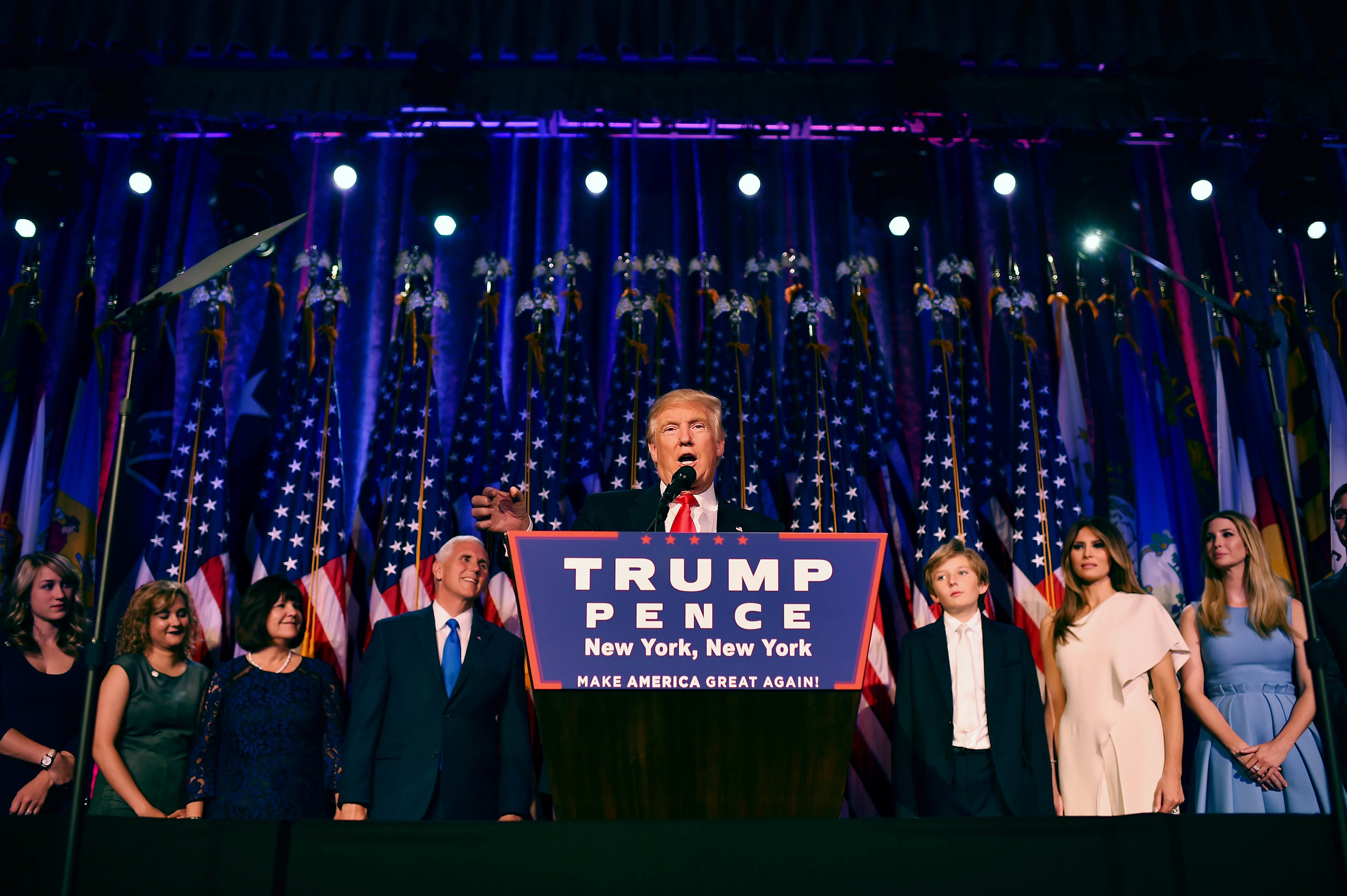 President-elect Donald Trump, with his family, addresses supporters at an election night event at the New York Hilton Midtown November 8, 2016 in New York City, New York. (Jabin Botsford&mdash;The Washington Post/Getty Images)